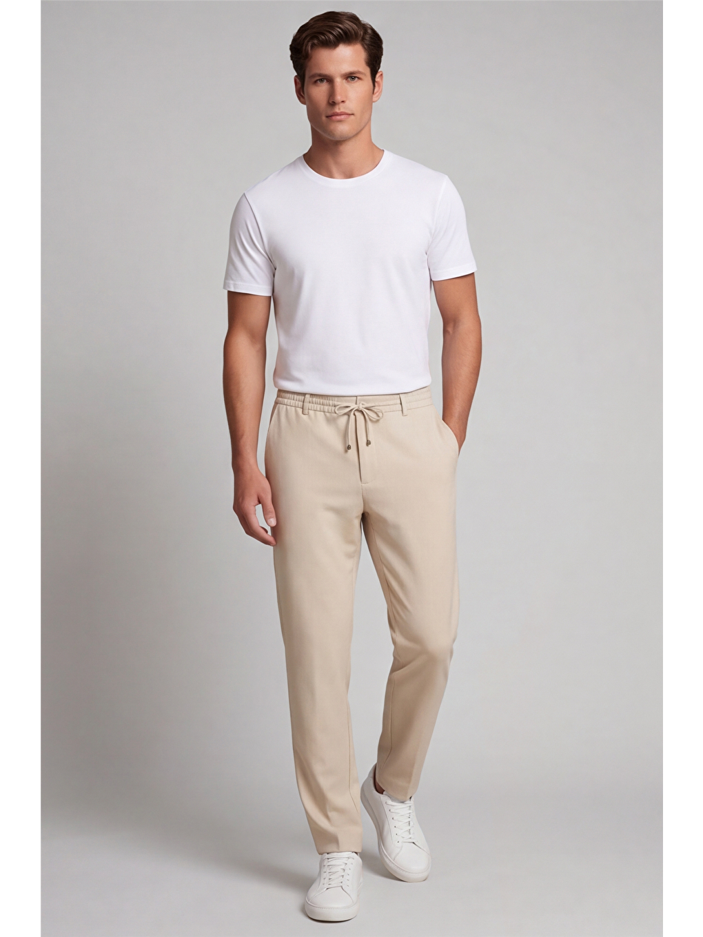 Erkek Bej Normal Kesim Regular Fit Pamuklu Armürlü Bel Lastikli Jogger Pantolon-3