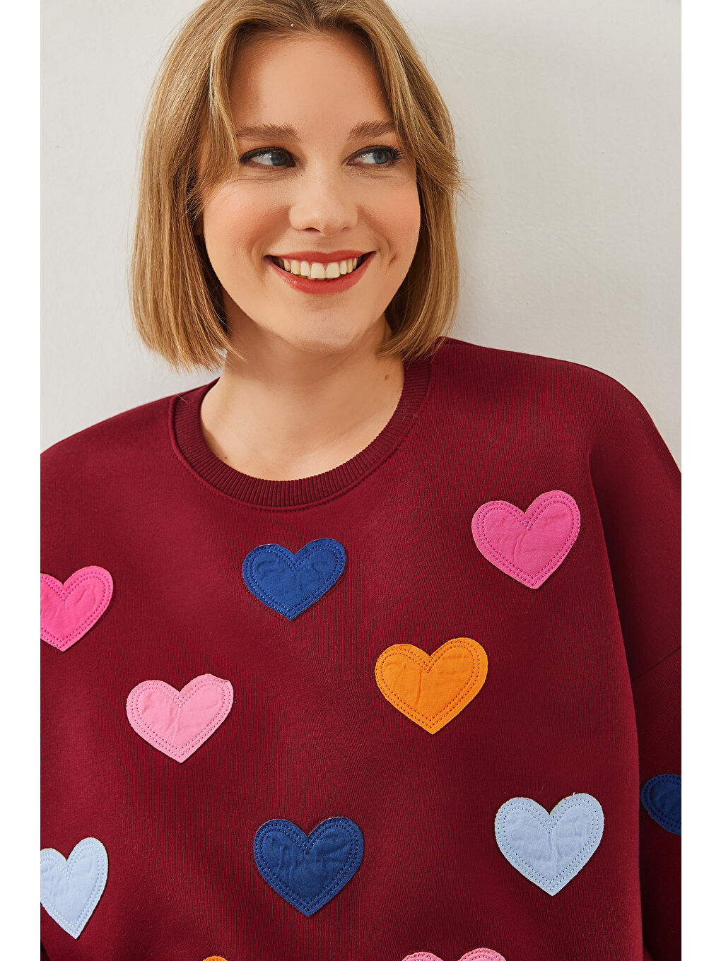 Bordo Kadın Kalp Nakışlı Üç İplik Şardonlu Sweatshirt-6