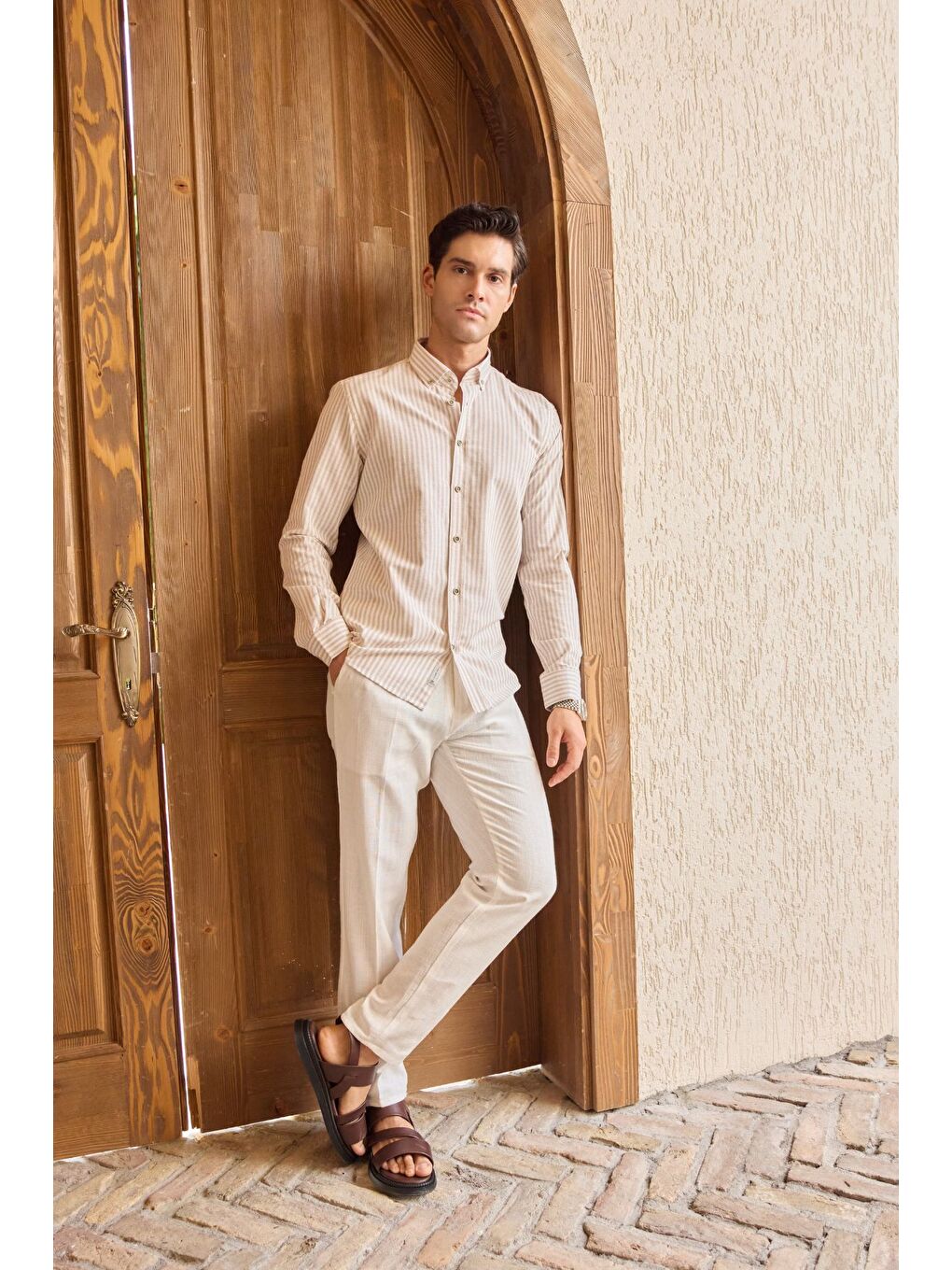 Bej Senoc Erkek Gömlek Modern Slim Fit Keten Görünümlü Kalın Çizgili-5