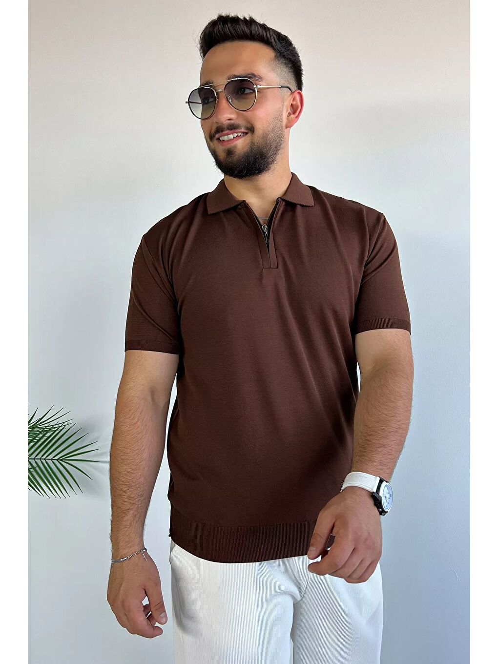 Kahverengi Polo Yaka Yarım Fermuarlı Elastanlı Erkek Tişört-1