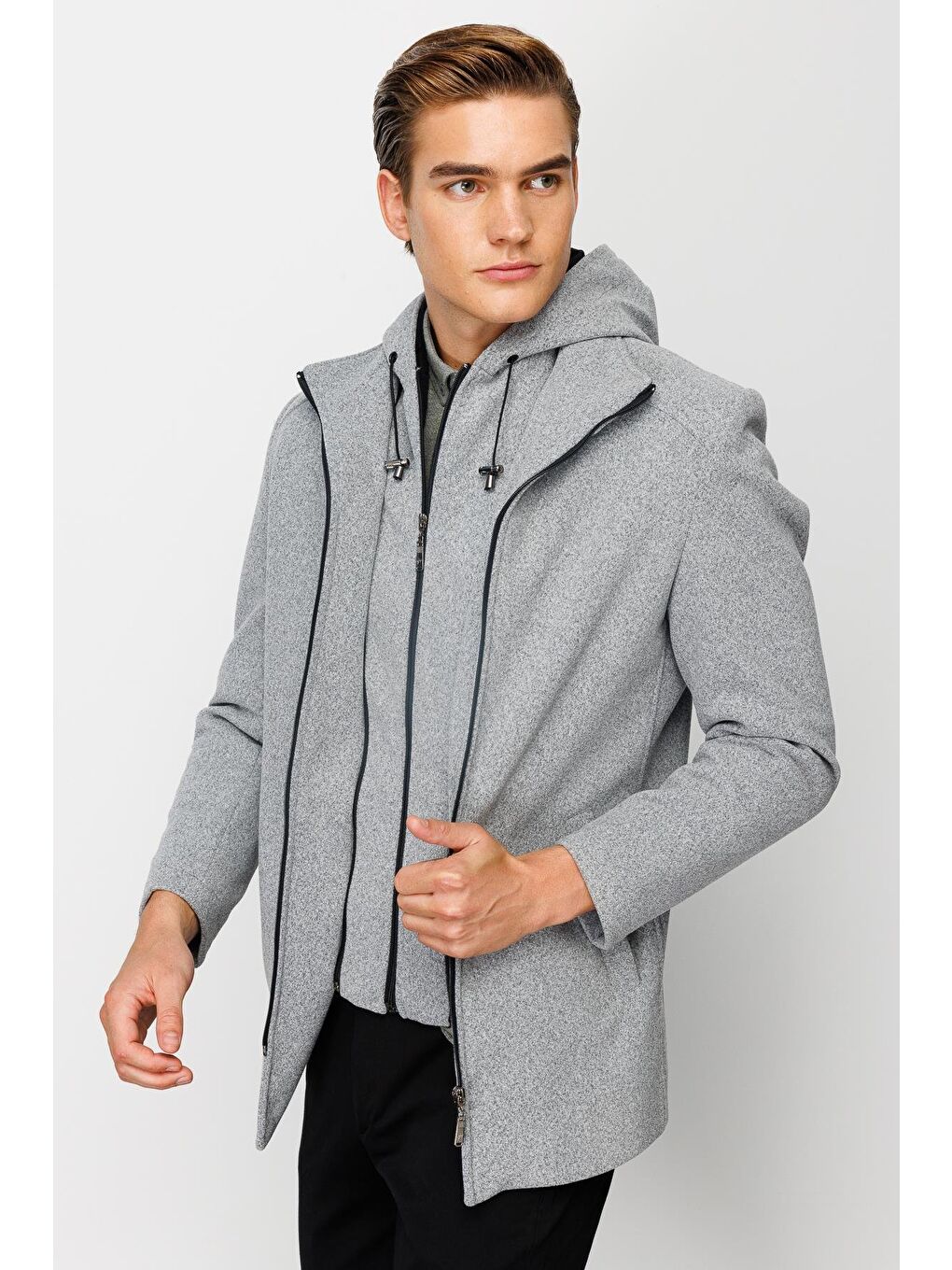 Erkek Gri Kapüşonlu Kaban-3