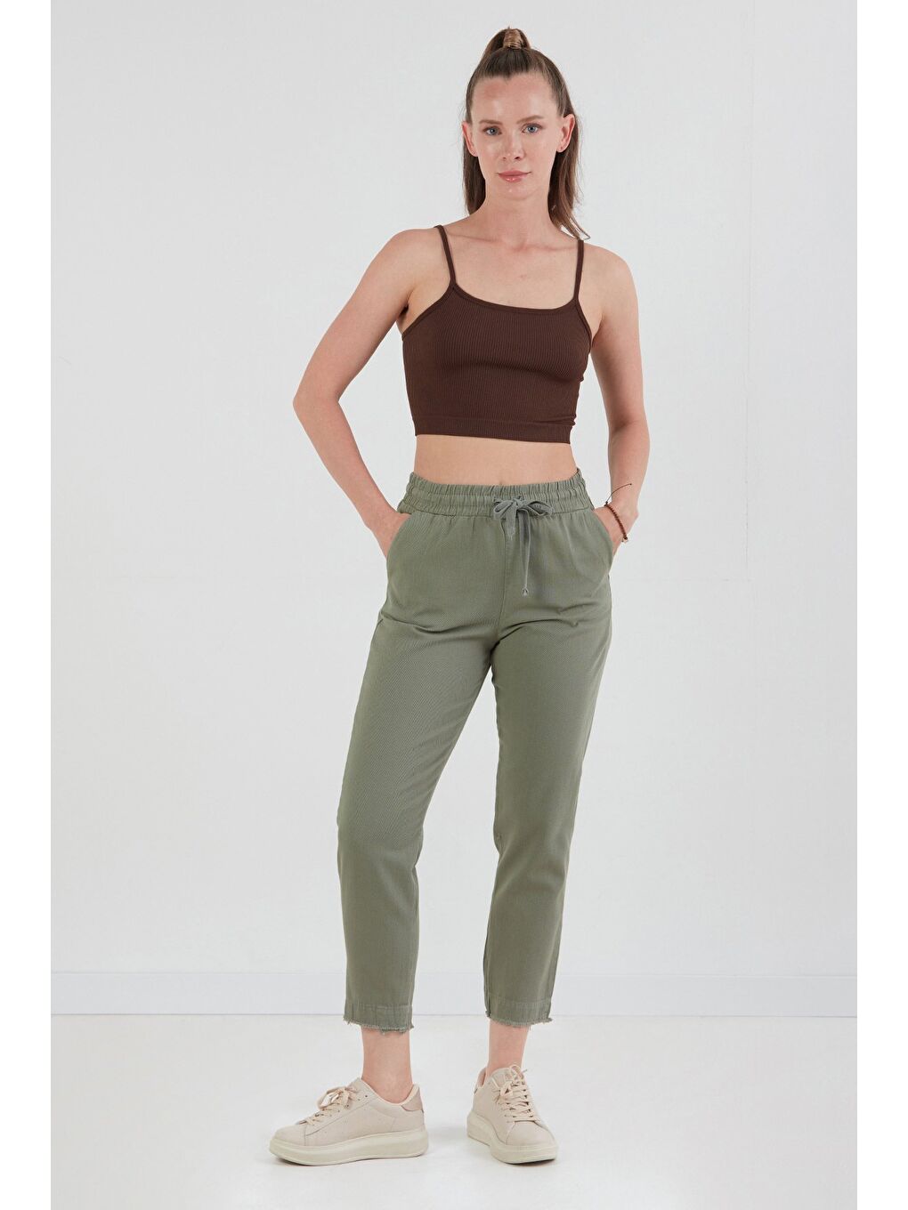 Haki Yüksek Bel Beli Lastikli Pantolon