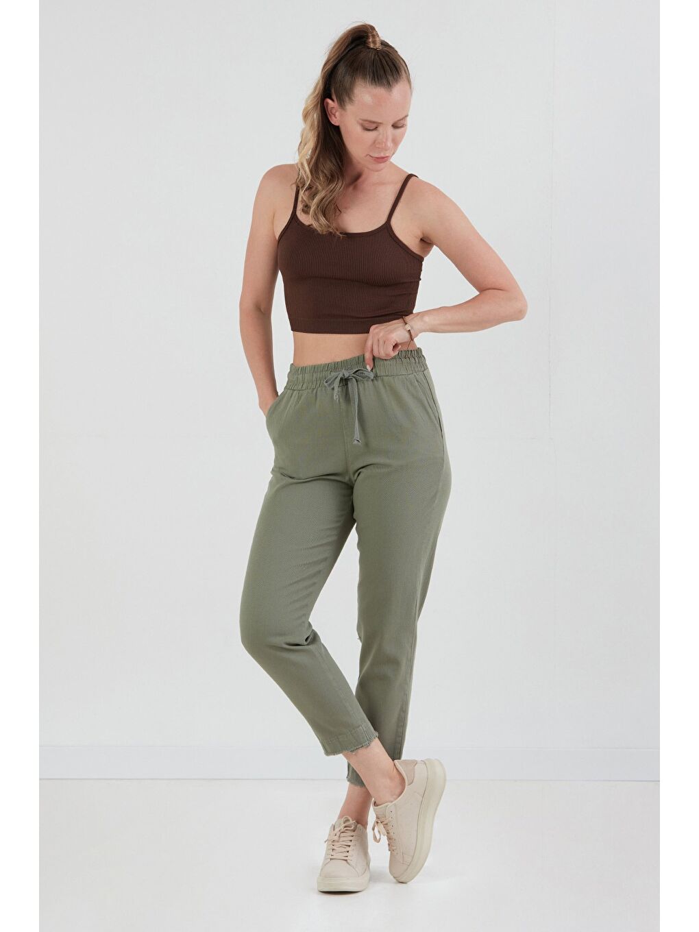 Haki Yüksek Bel Beli Lastikli Pantolon-1