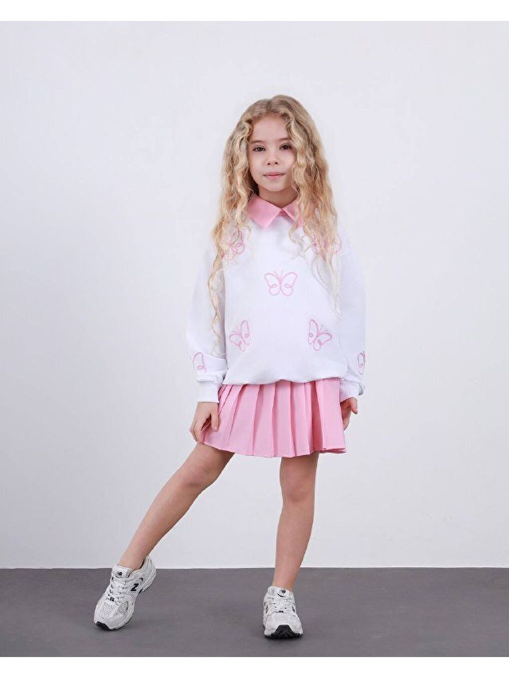 Kız Çocuk Pileli Etek ve Alt Üst Takım Beyaz