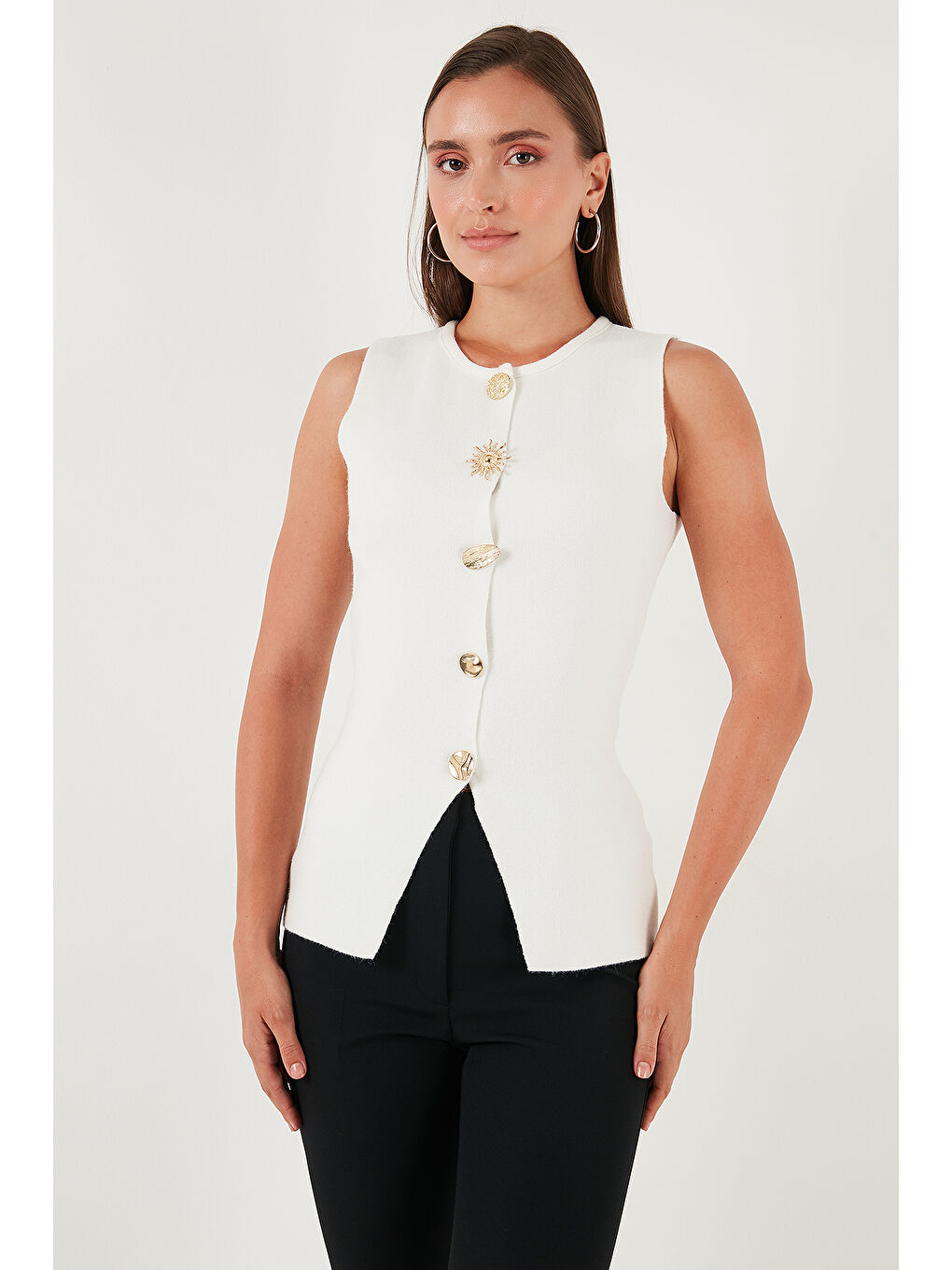 Ekru Premium Regular Fit Bisiklet Yaka Düğme Detaylı Yelek 680YE00043-5