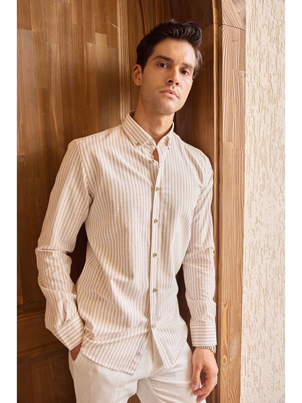 Bej Senoc Erkek Gömlek Modern Slim Fit Keten Görünümlü Kalın Çizgili-6