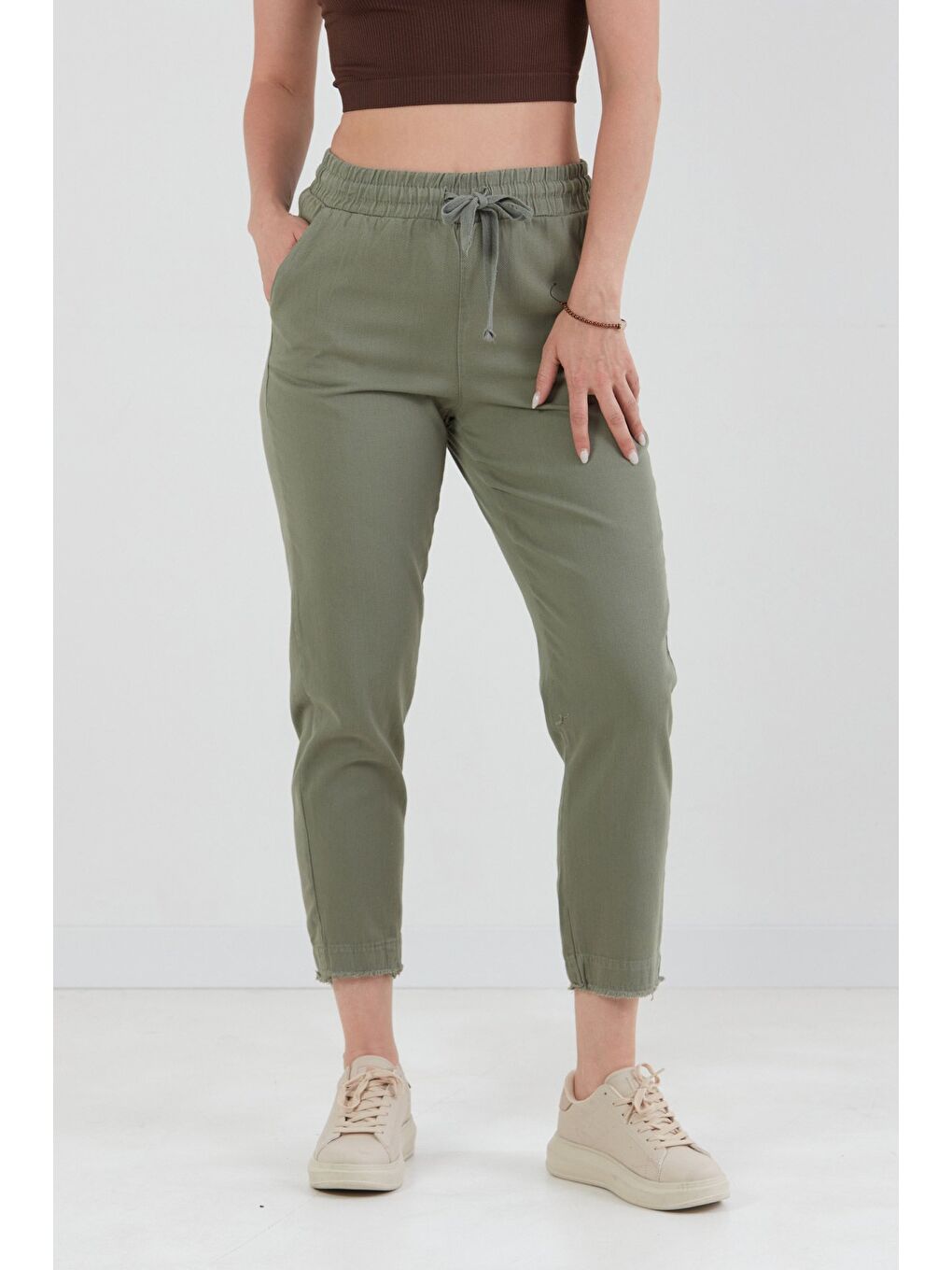 Haki Yüksek Bel Beli Lastikli Pantolon-2