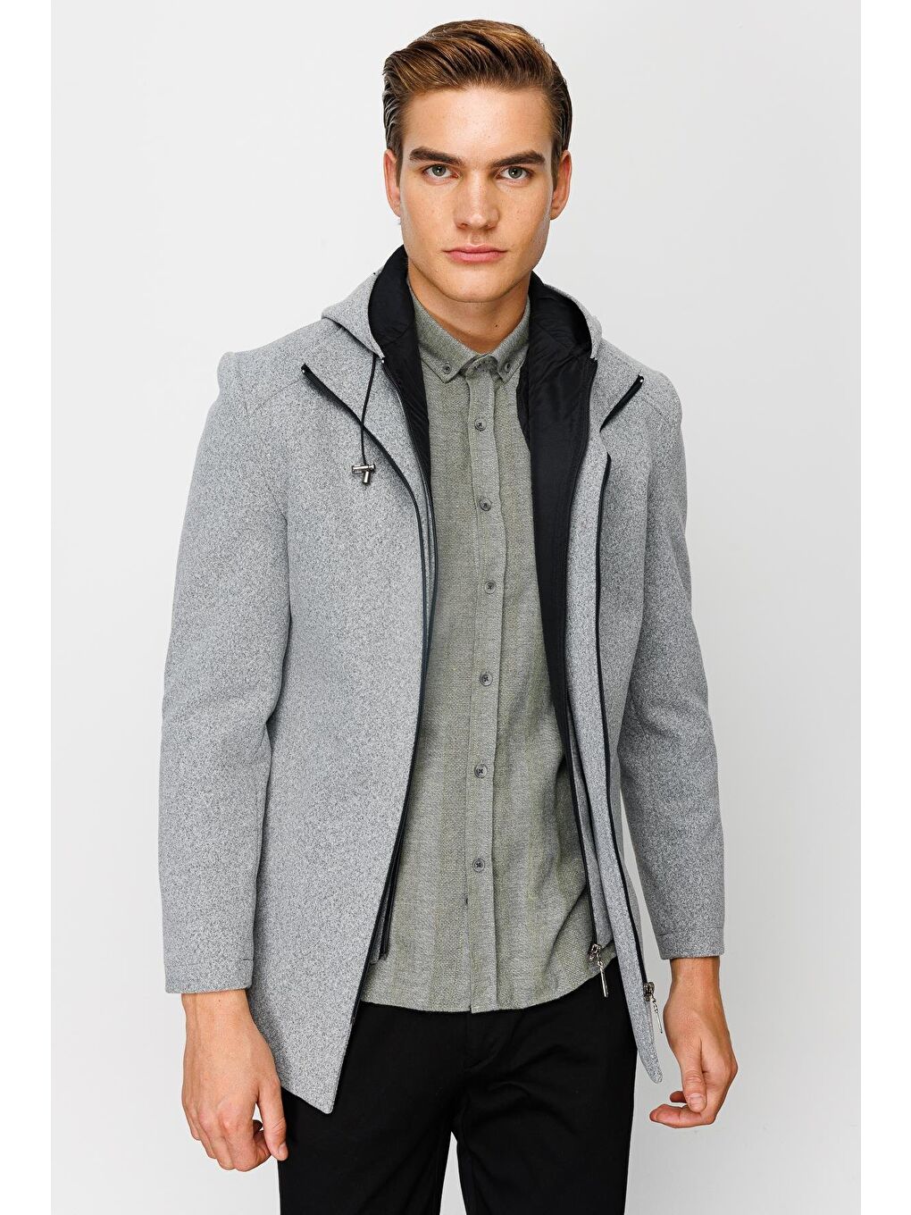 Erkek Gri Kapüşonlu Kaban-4