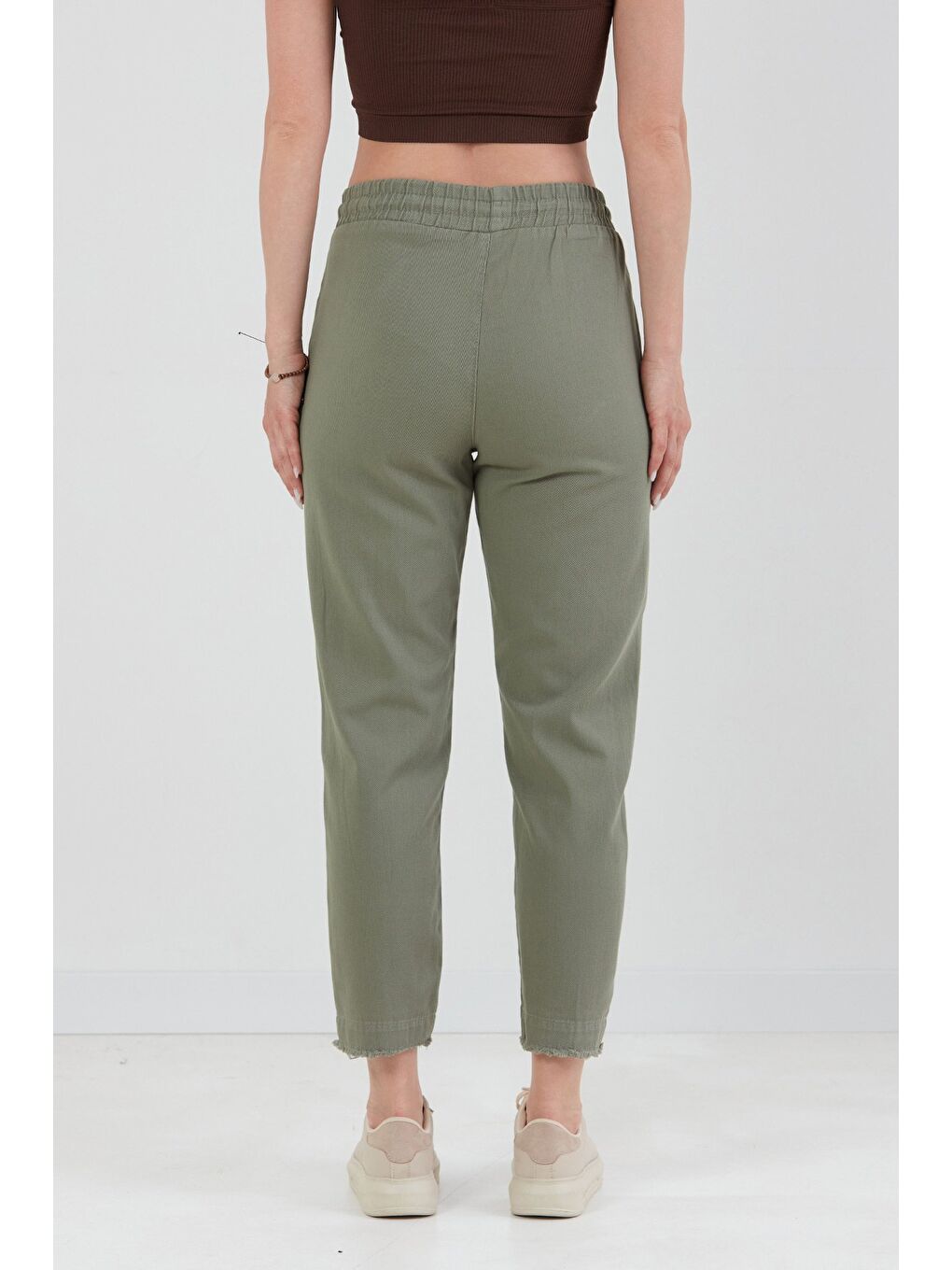 Haki Yüksek Bel Beli Lastikli Pantolon-3