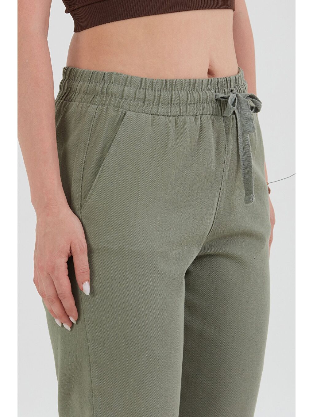 Haki Yüksek Bel Beli Lastikli Pantolon-4