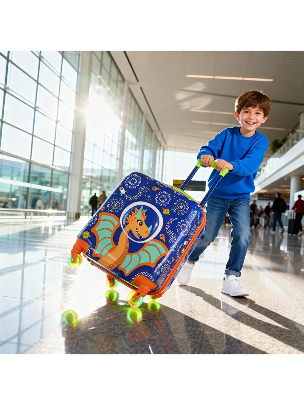 Karışık Renkli Işıklı Tekerlekli Çekçekli Çocuk Valiz 3d Ponix Tasarımlı-4