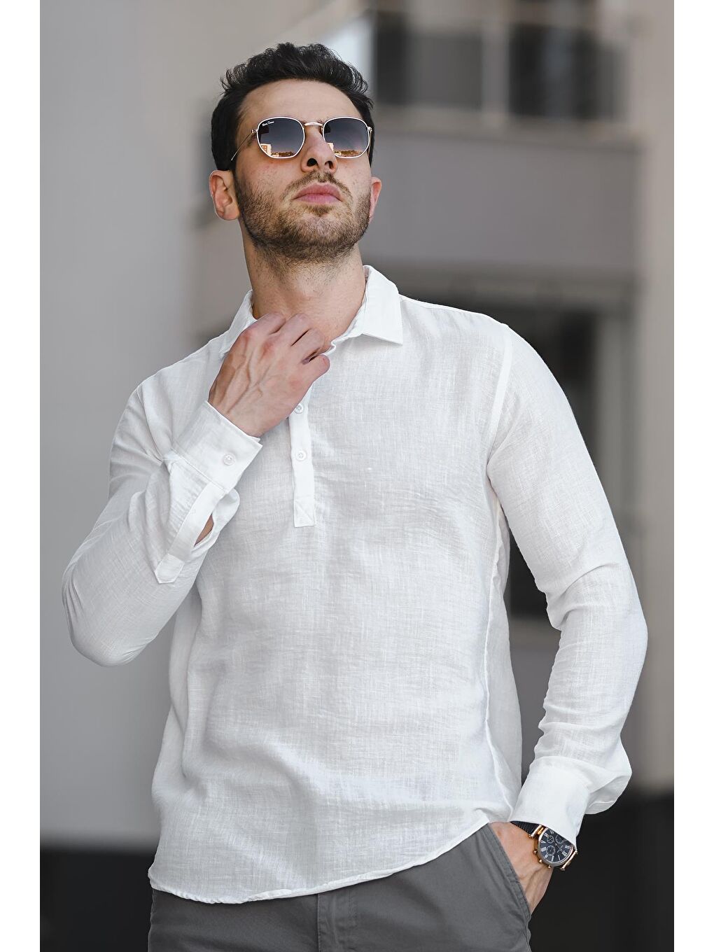 Beyaz Zanio Slim Fit Yarım Pat Gömlek Yaka Erkek Gömlek-1