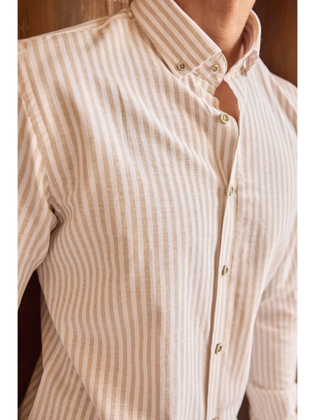 Bej Senoc Erkek Gömlek Modern Slim Fit Keten Görünümlü Kalın Çizgili-7