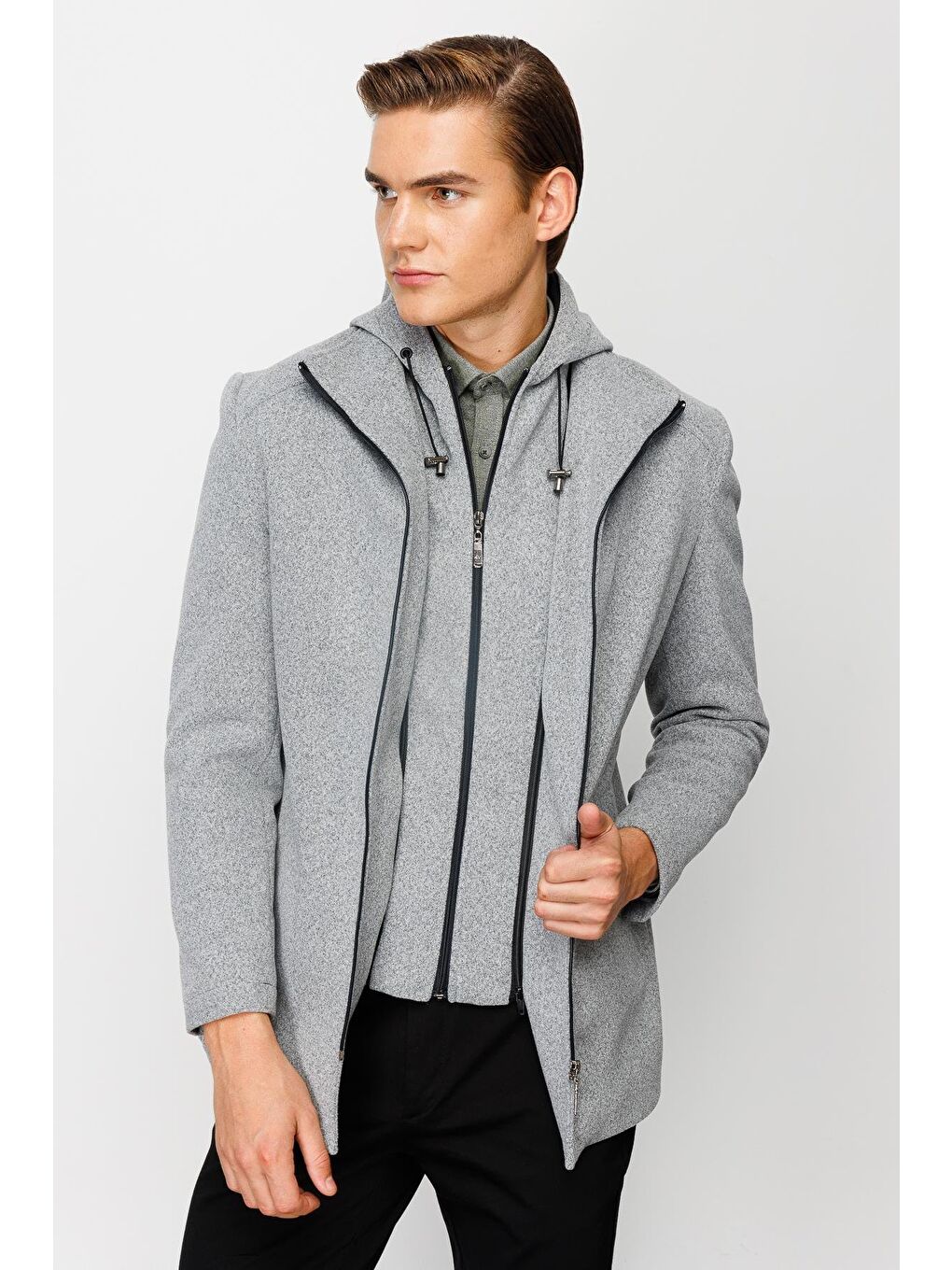 Erkek Gri Kapüşonlu Kaban-5