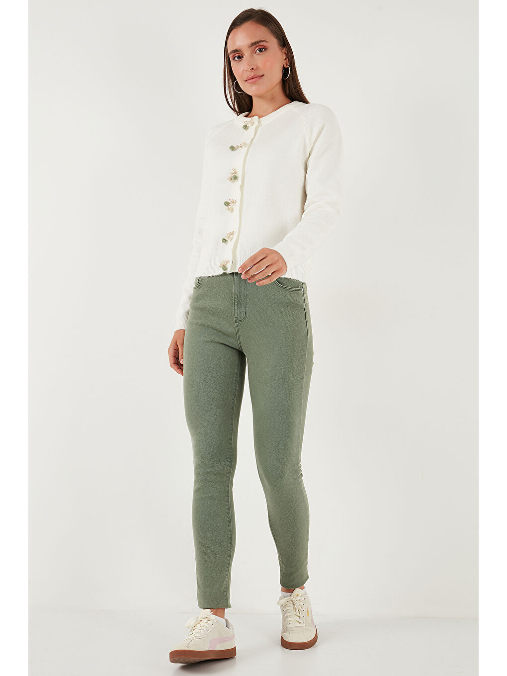 Ekru Premium Regular Fit Bisiklet Yaka Fiyonk Detaylı Hırka 6802939-1