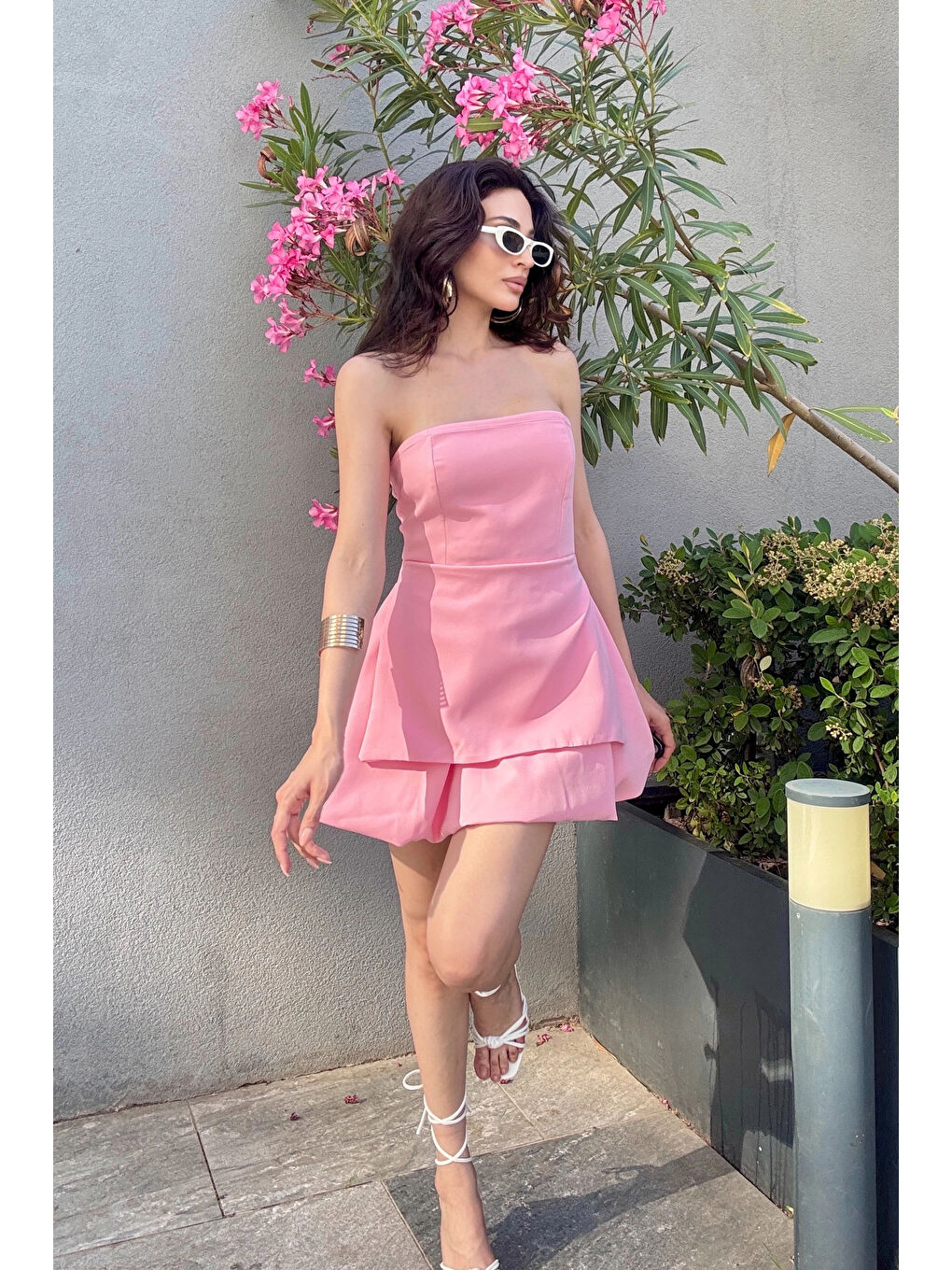 Kadın Pembe Straplez Elbise 1006-748