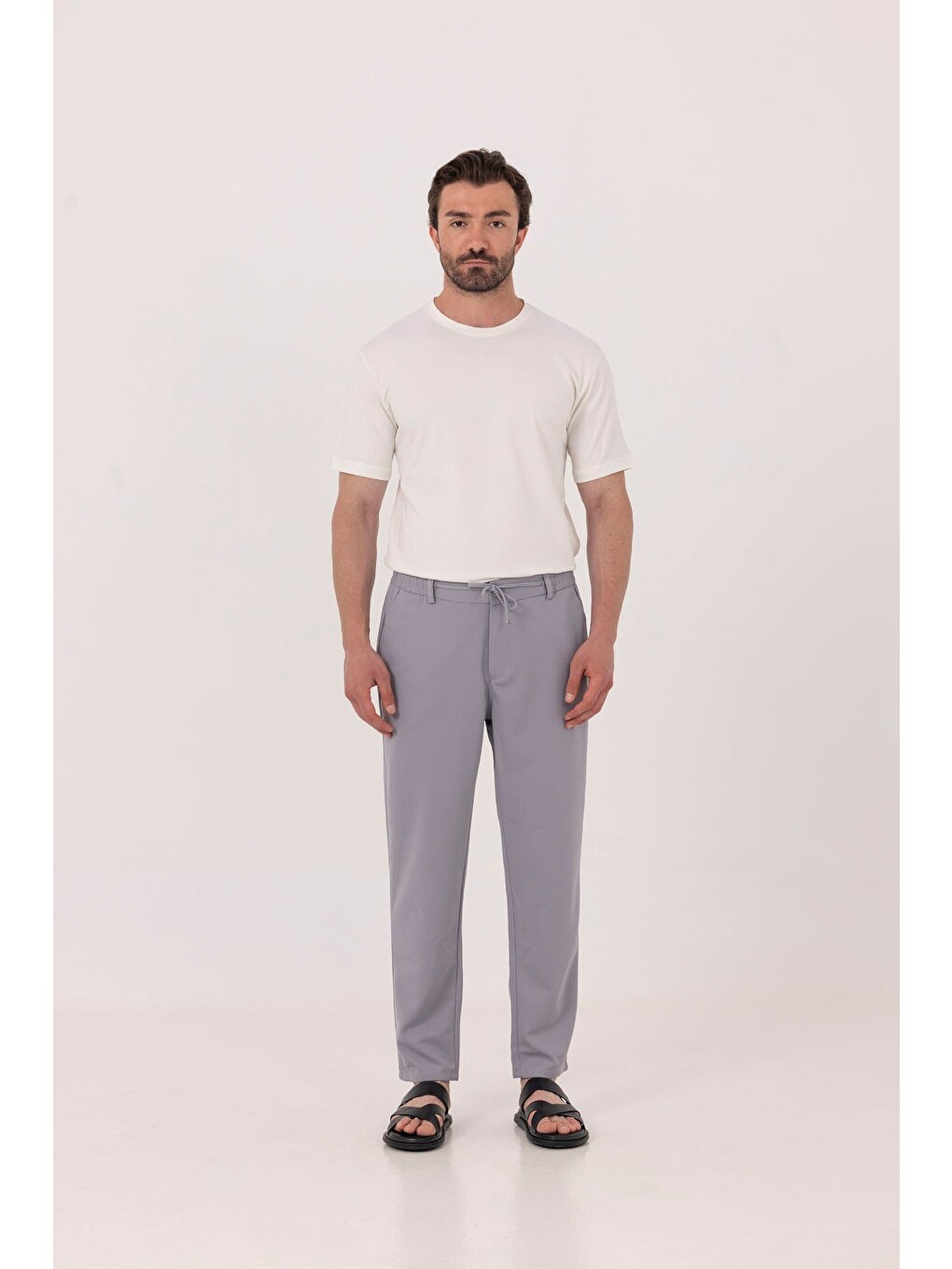 Ekru %100 Pamuk Bisiklet Yaka Düz Renk Basic T-shirt-1