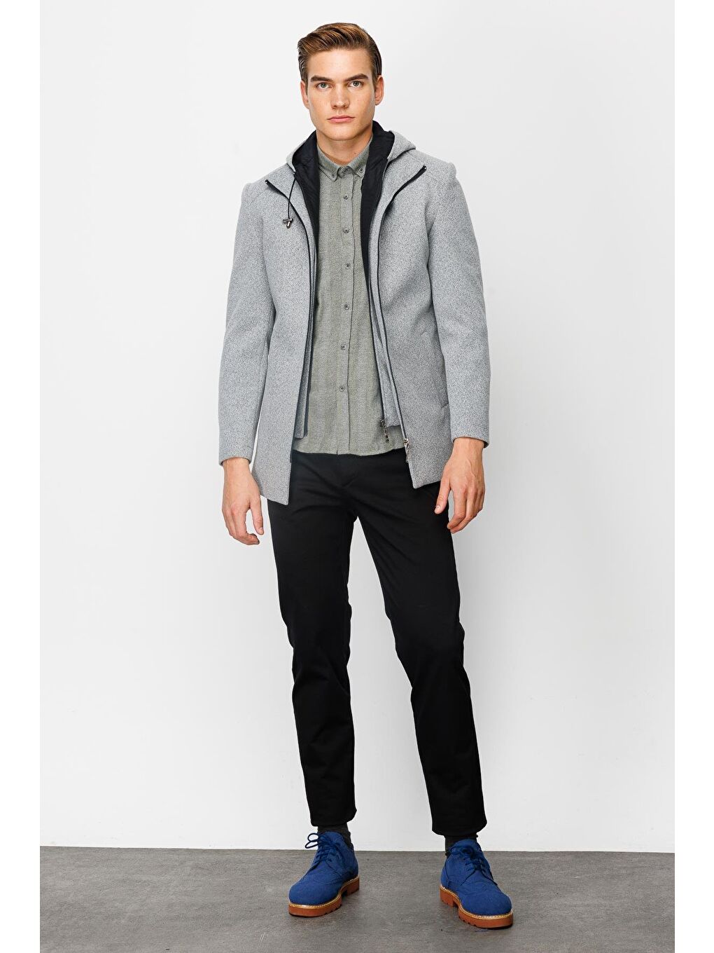 Erkek Gri Kapüşonlu Kaban-6