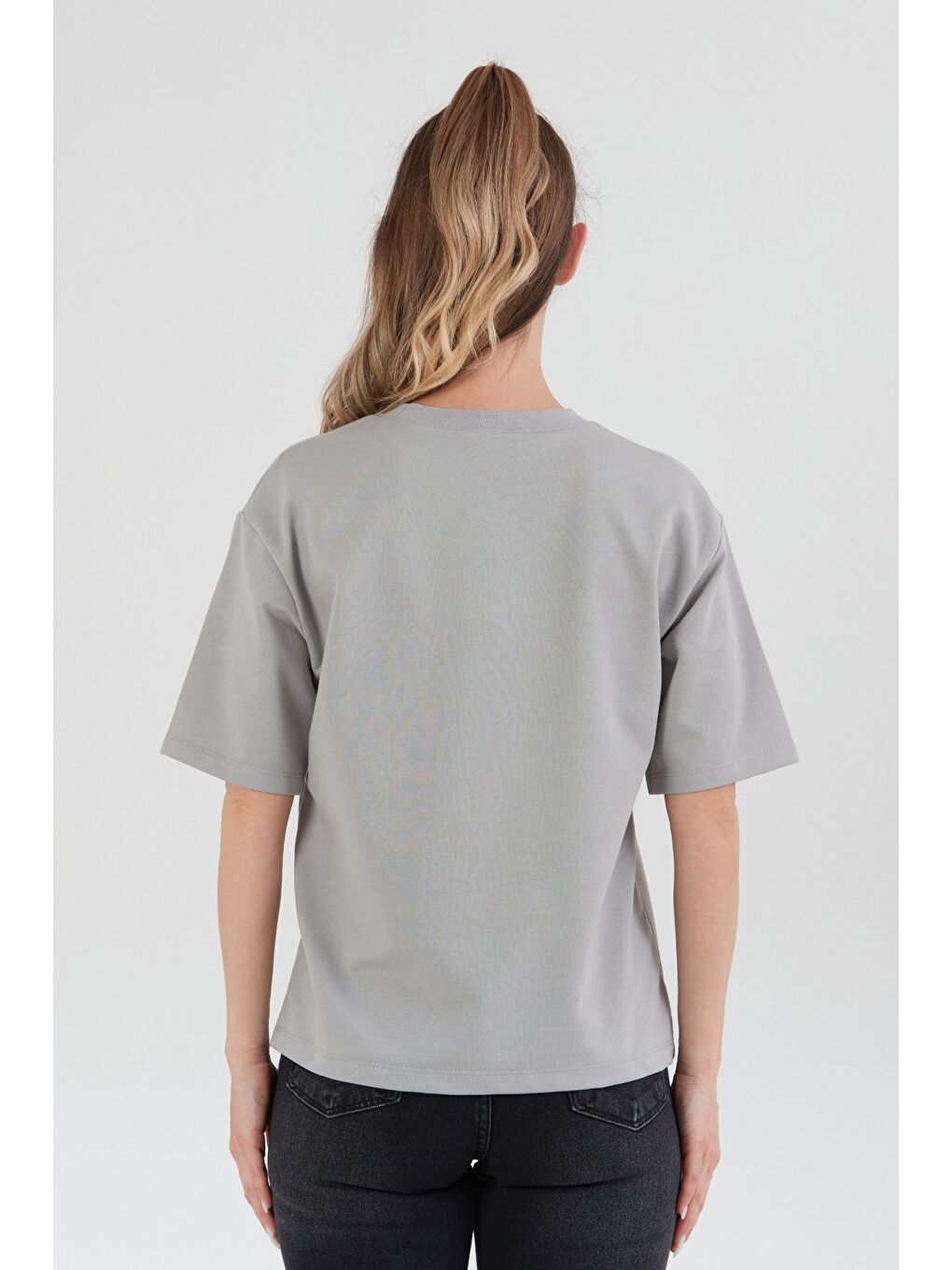 Gri R Harf Nakışlı Oversize Tişört-3