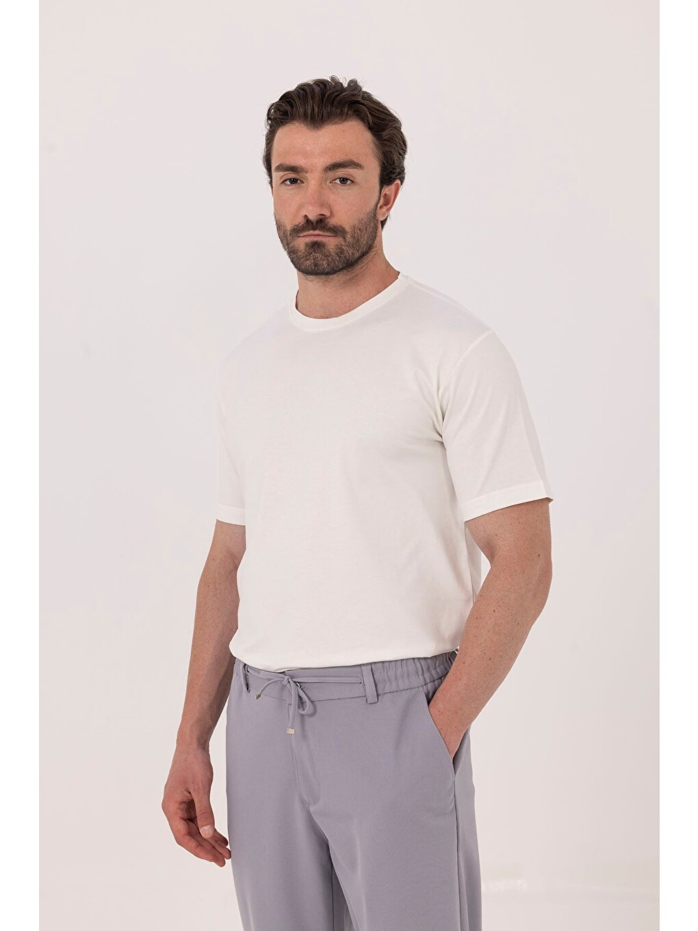 Ekru %100 Pamuk Bisiklet Yaka Düz Renk Basic T-shirt-2