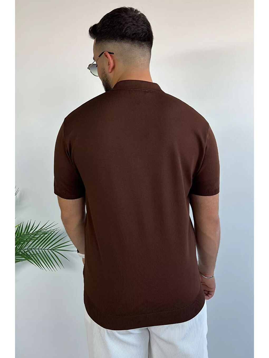 Kahverengi Polo Yaka Yarım Fermuarlı Elastanlı Erkek Tişört-3