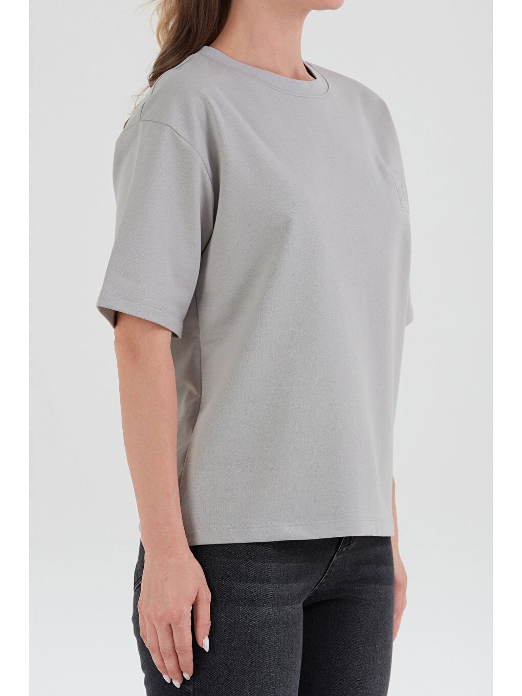 Gri R Harf Nakışlı Oversize Tişört-4