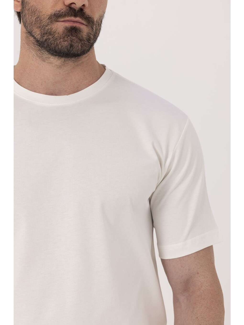 Ekru %100 Pamuk Bisiklet Yaka Düz Renk Basic T-shirt-3