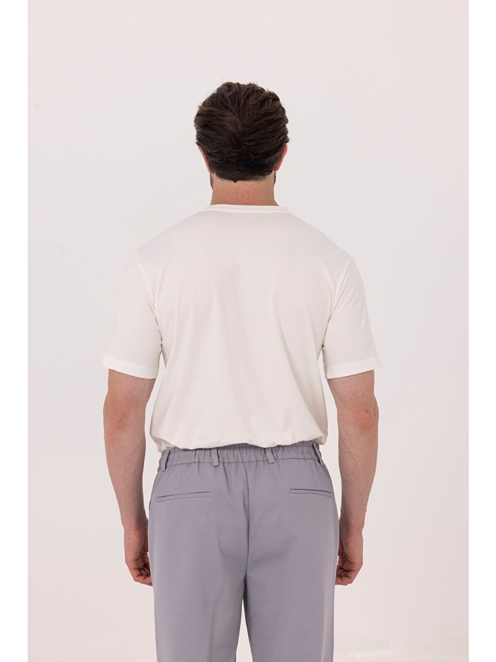 Ekru %100 Pamuk Bisiklet Yaka Düz Renk Basic T-shirt-4
