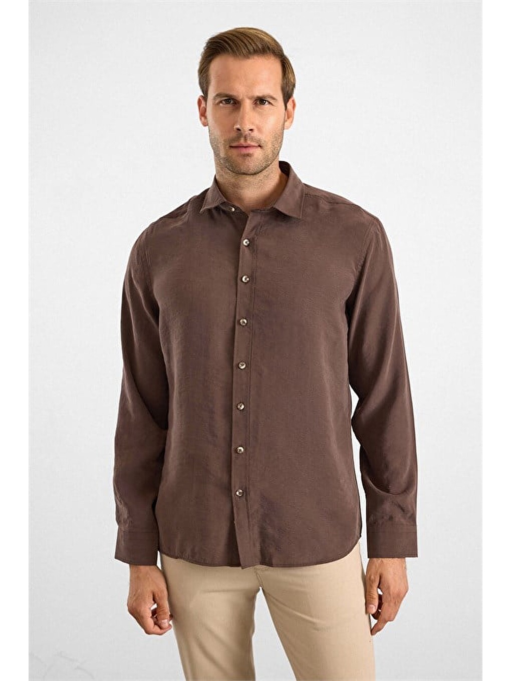 Kahverengi Koyu Kahve Slim Klasik Yaka Düz Twill Cepsiz Düz Uzun Kollu Casual Gömlek