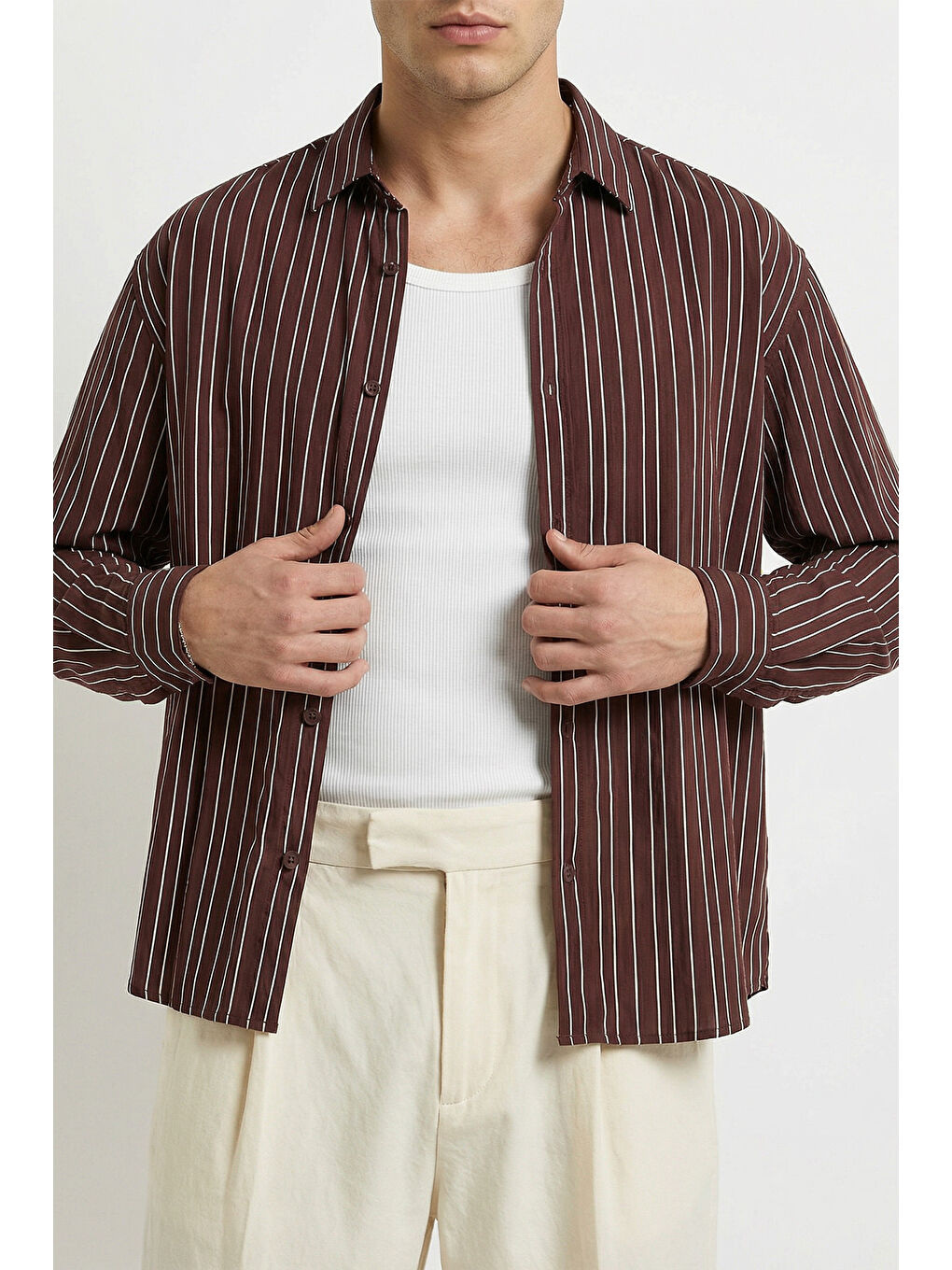 Kahverengi Tugur Erkek Çizgili Oversize Premium Gömlek Soft Touch Refined Comfort