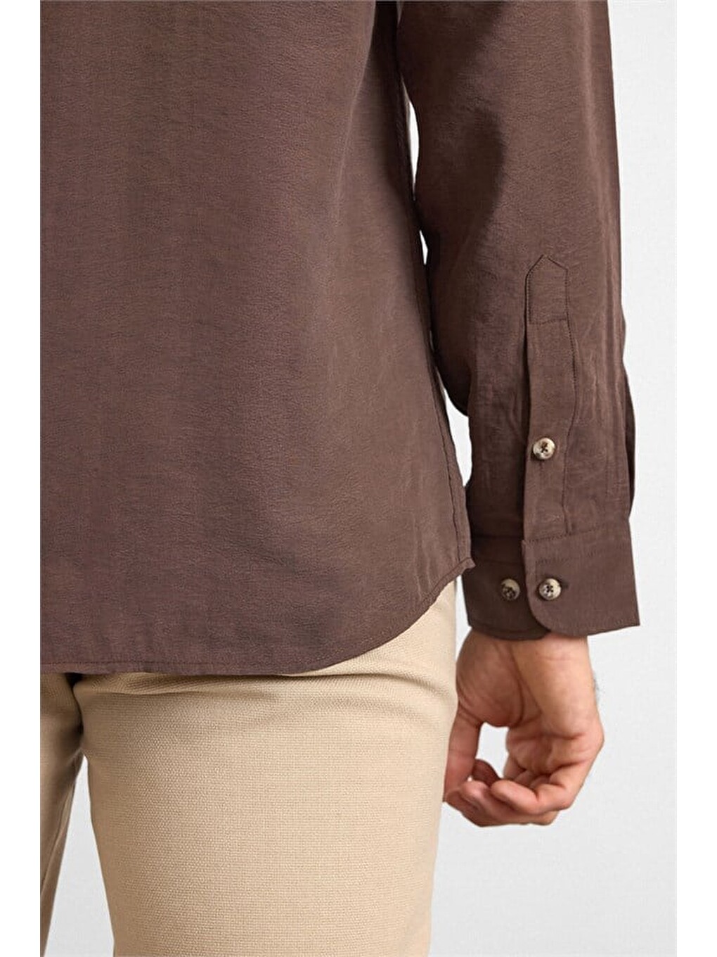 Kahverengi Koyu Kahve Slim Klasik Yaka Düz Twill Cepsiz Düz Uzun Kollu Casual Gömlek-3