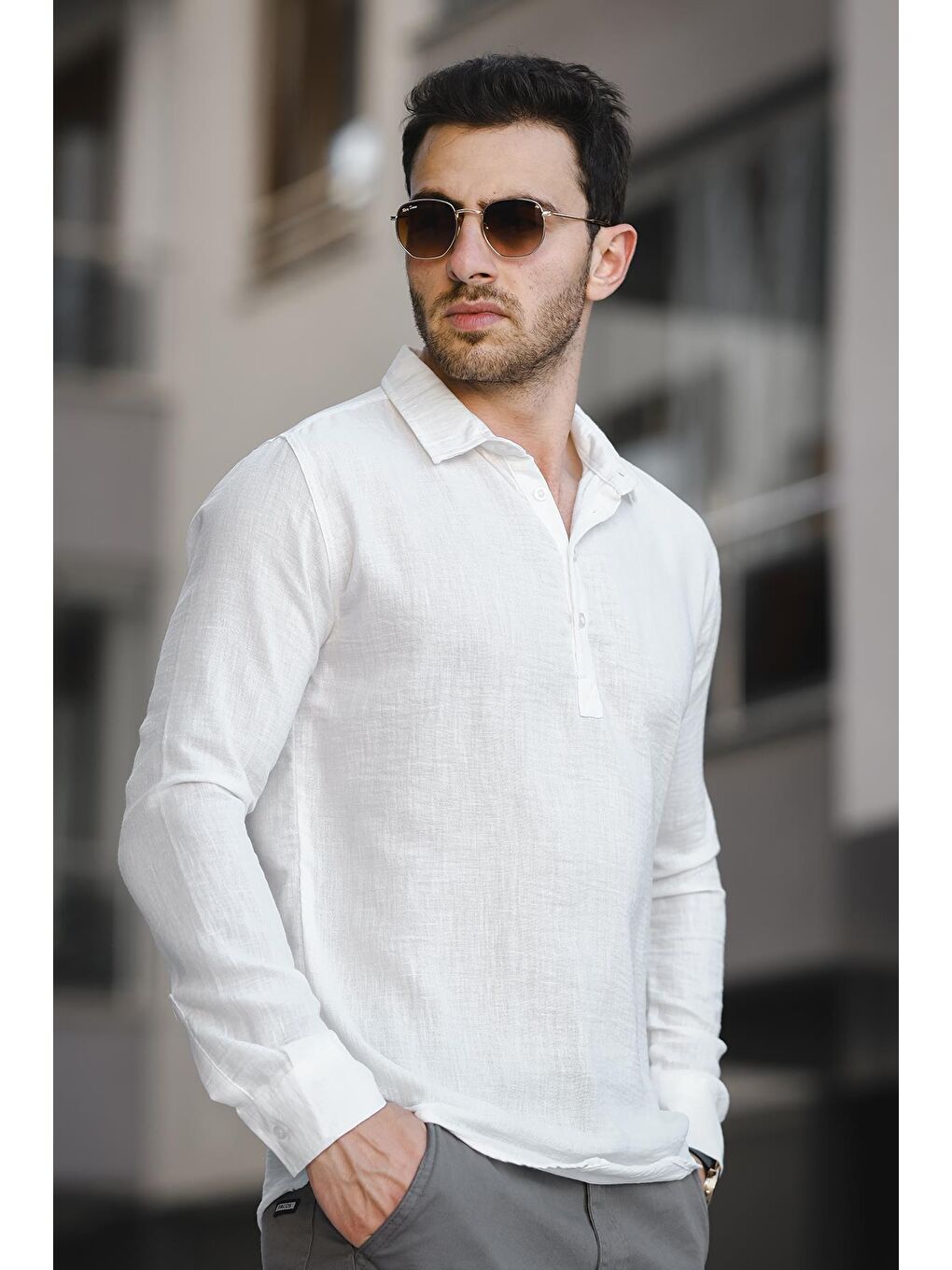 Beyaz Zanio Slim Fit Yarım Pat Gömlek Yaka Erkek Gömlek-2