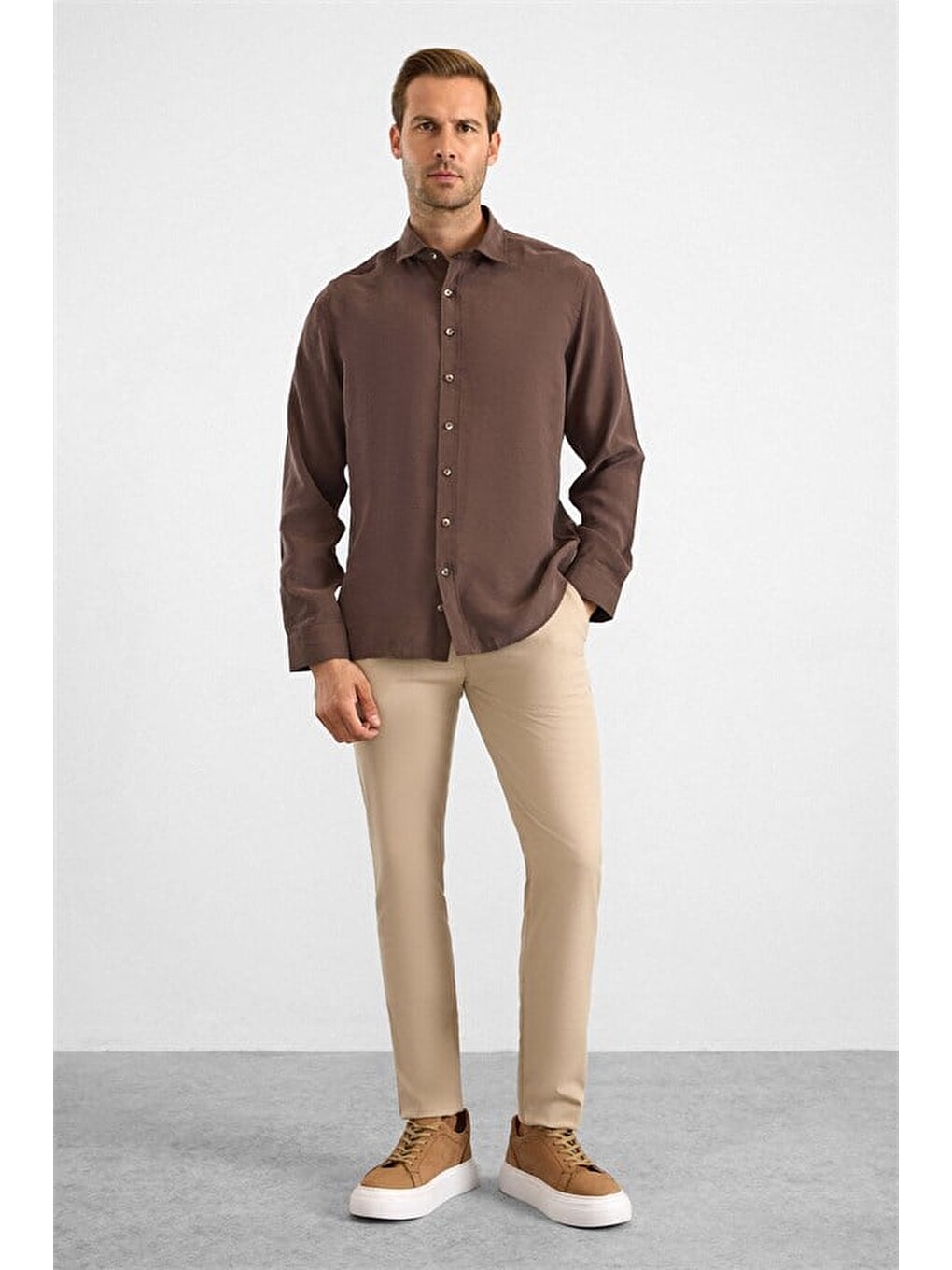 Kahverengi Koyu Kahve Slim Klasik Yaka Düz Twill Cepsiz Düz Uzun Kollu Casual Gömlek-4