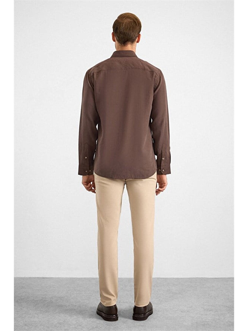 Kahverengi Koyu Kahve Slim Klasik Yaka Düz Twill Cepsiz Düz Uzun Kollu Casual Gömlek-5