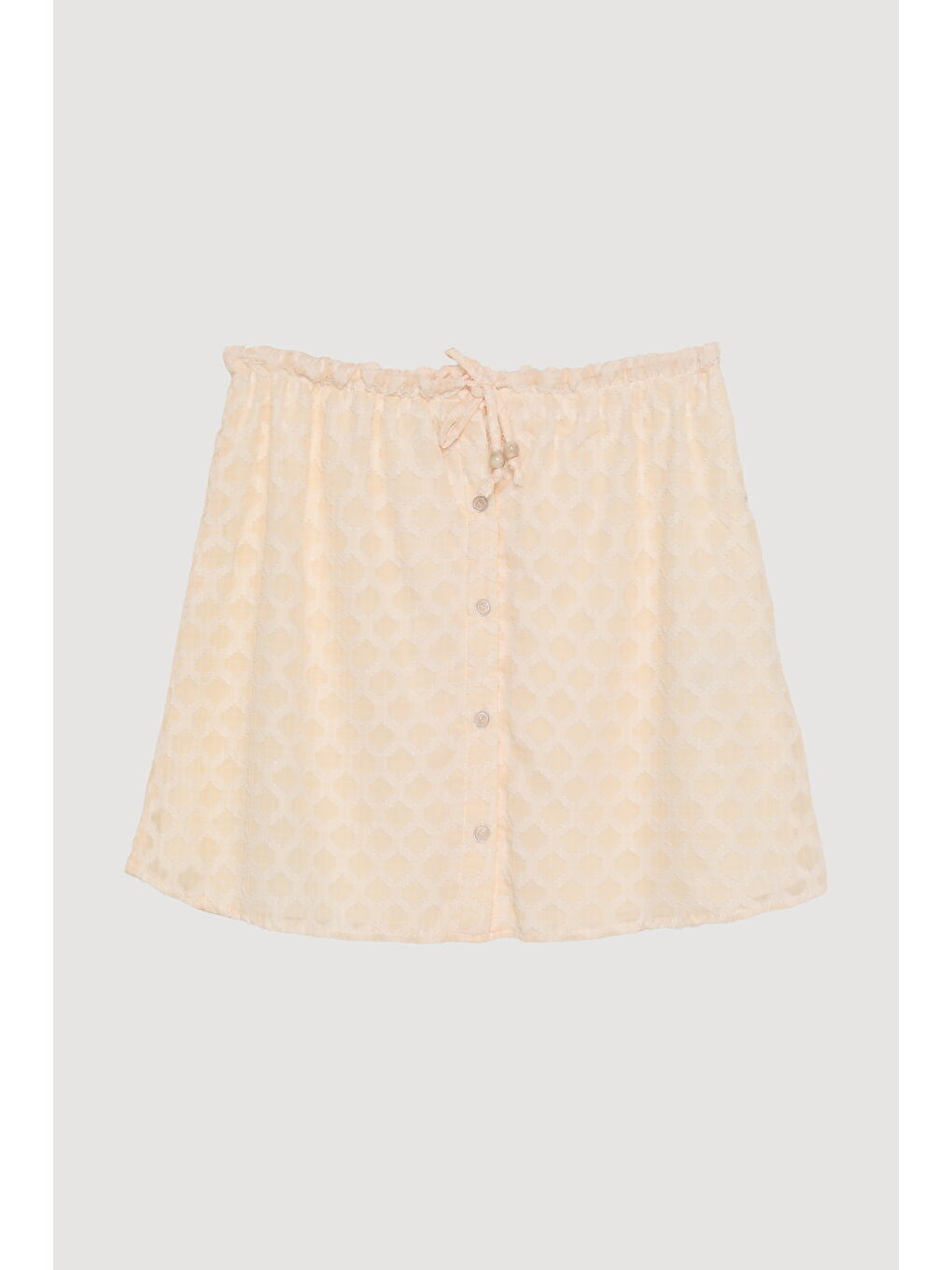 Önden Düğmeli Beli Lastikli Dokulu Mini Etek Ekru