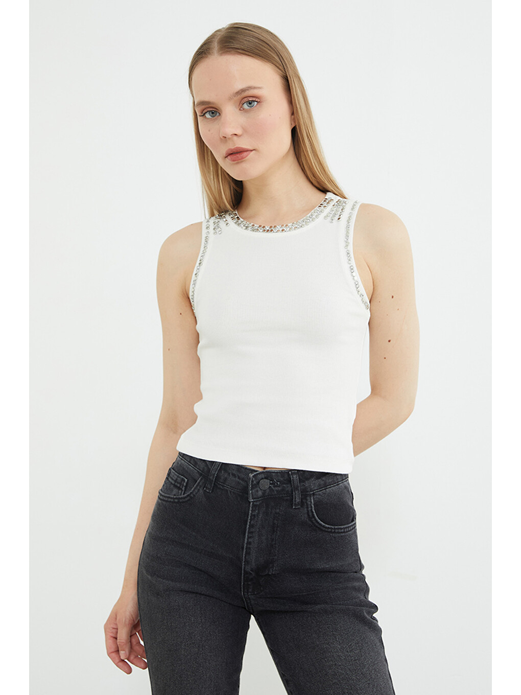 Ekru Taşlı Fitilli Bisiklet Yaka Slim Fit Bluz-1