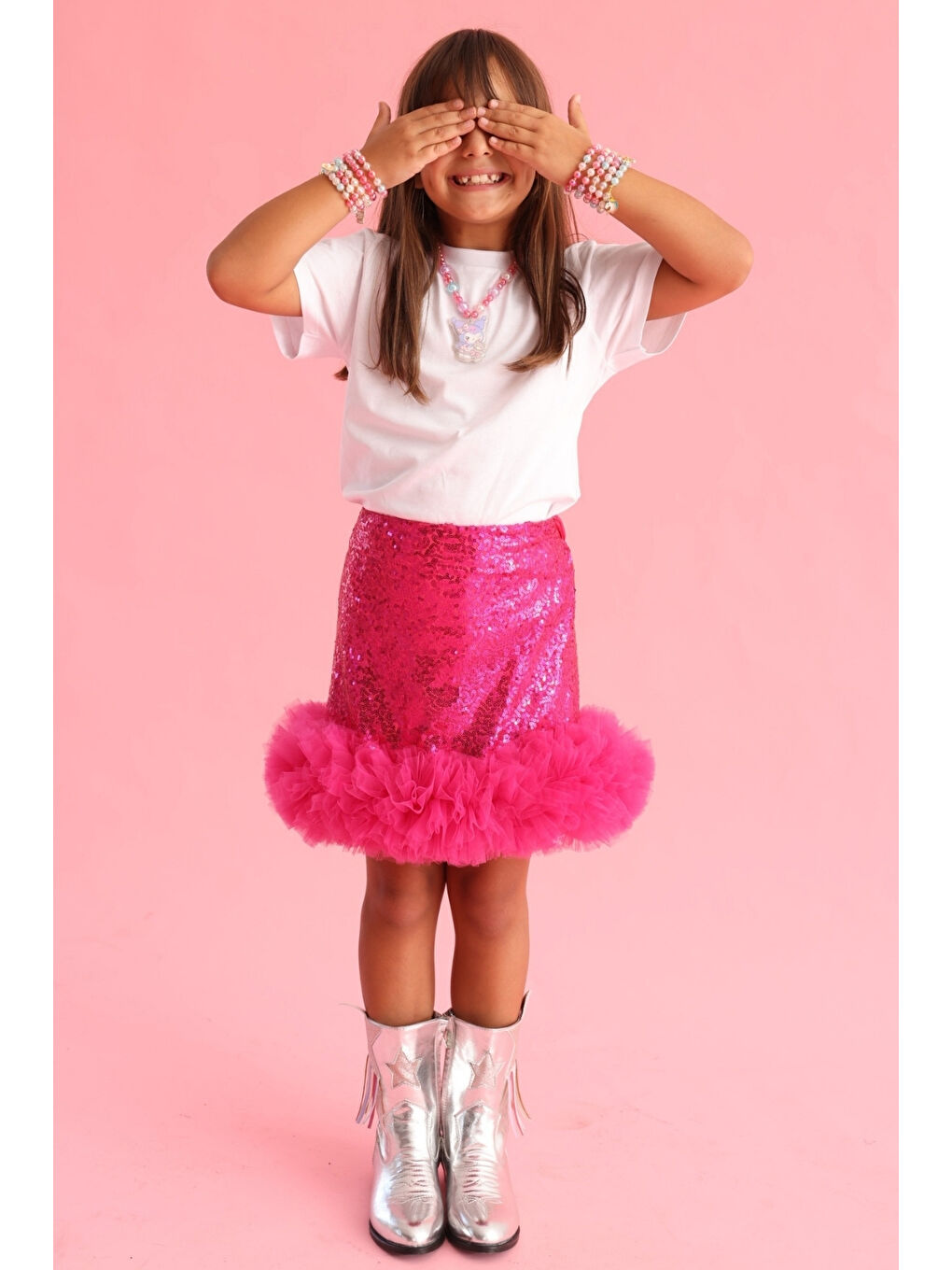 Fuşya Pullu Ucu Tül Detaylı Kız Çocuk Etek - Sheron-1