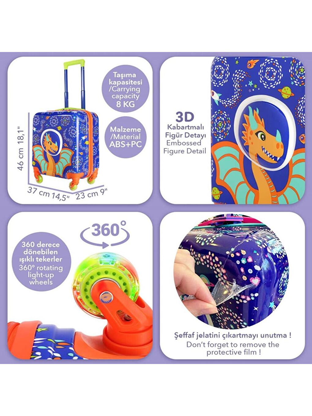 Karışık Renkli Işıklı Tekerlekli Çekçekli Çocuk Valiz 3d Ponix Tasarımlı-6