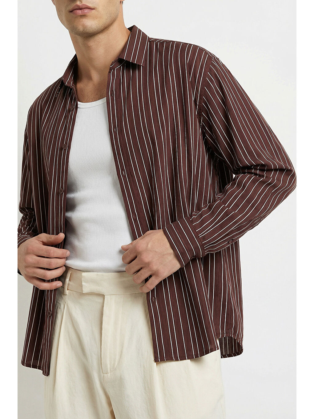 Kahverengi Tugur Erkek Çizgili Oversize Premium Gömlek Soft Touch Refined Comfort-1