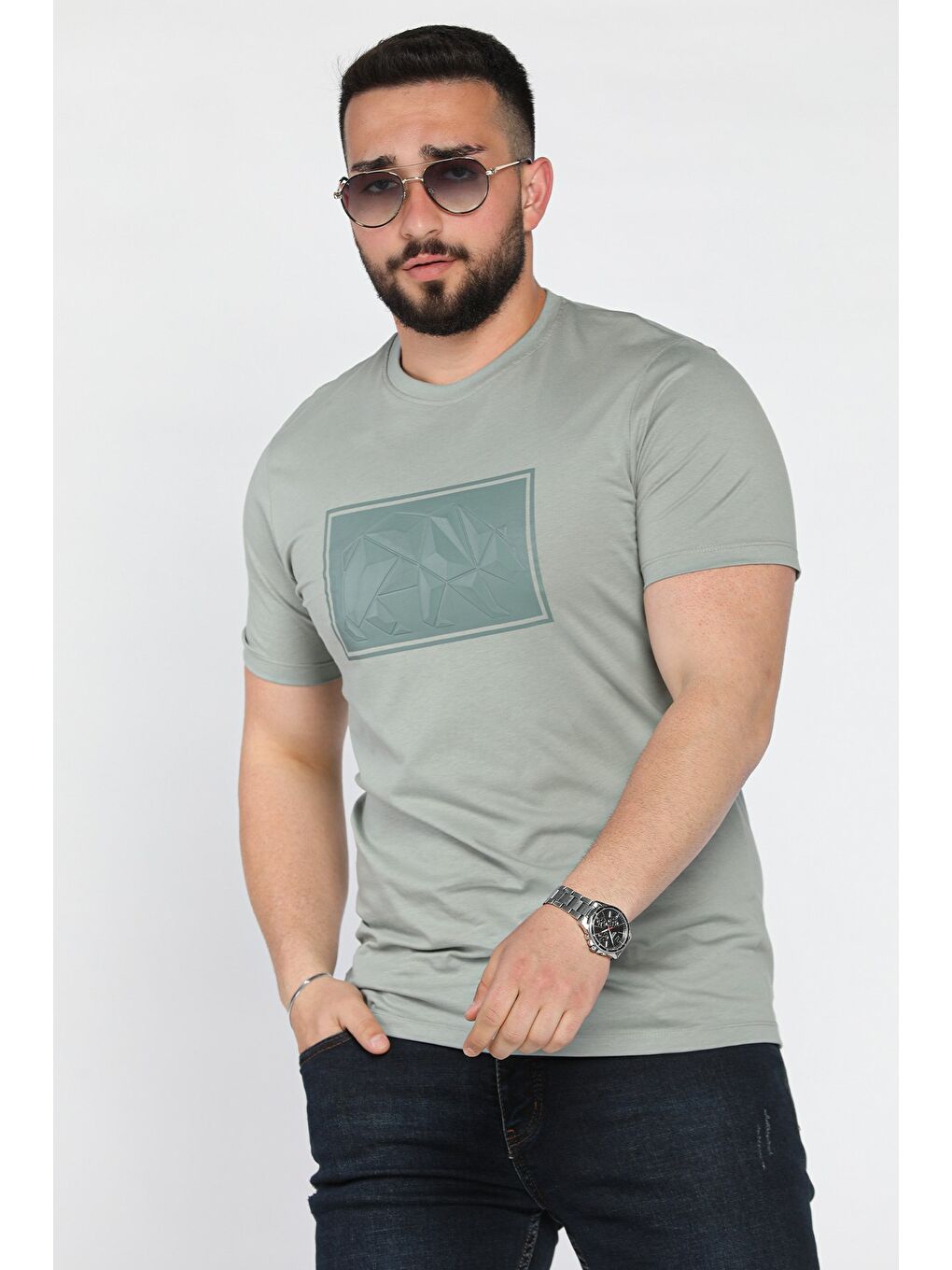 Yeşil Erkek Bisiklet Yaka Baskılı Tişört