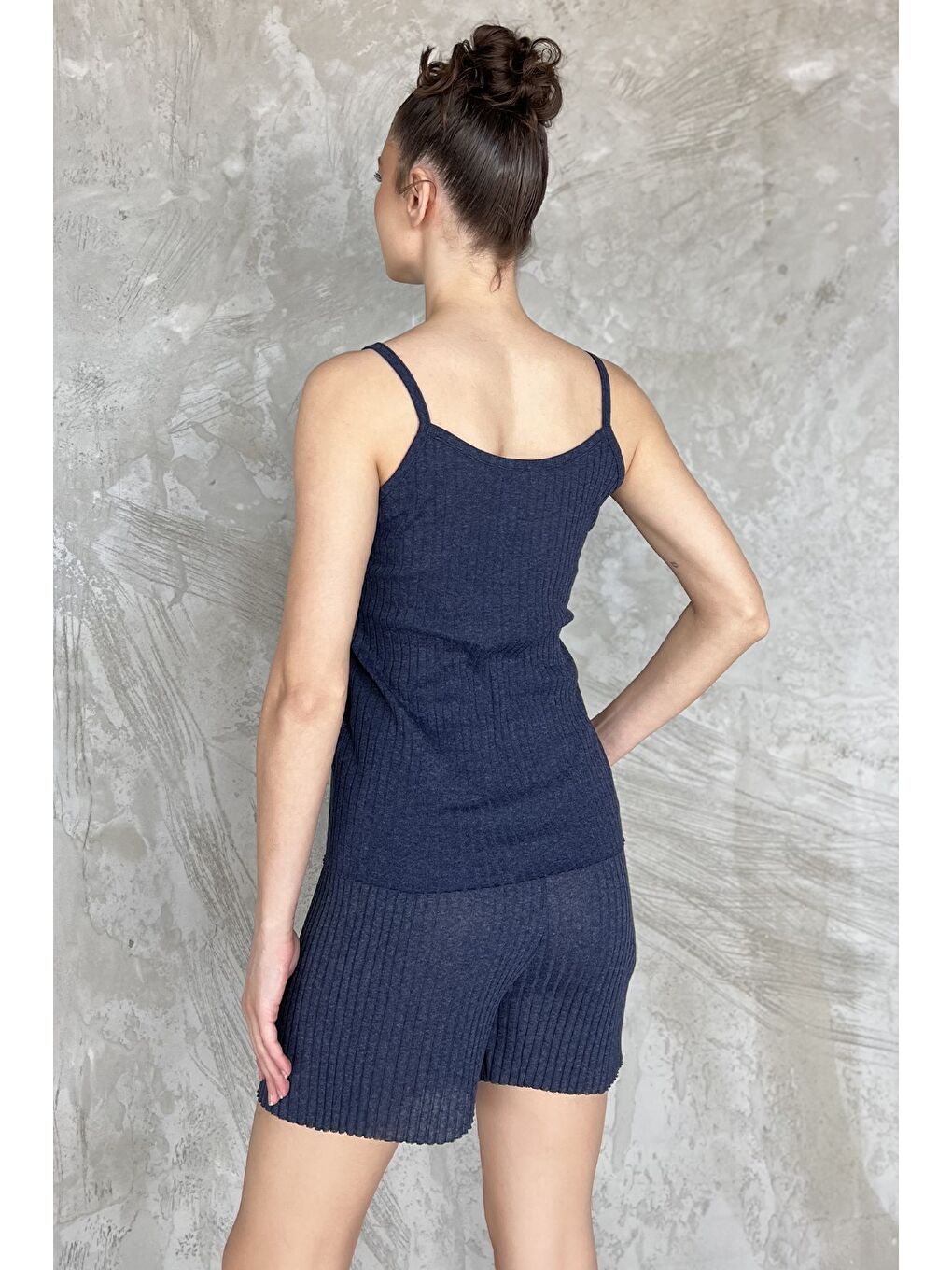 Lacivert Kadın Kendinden Çizgi Desenli Şortlu İkili Takım-2