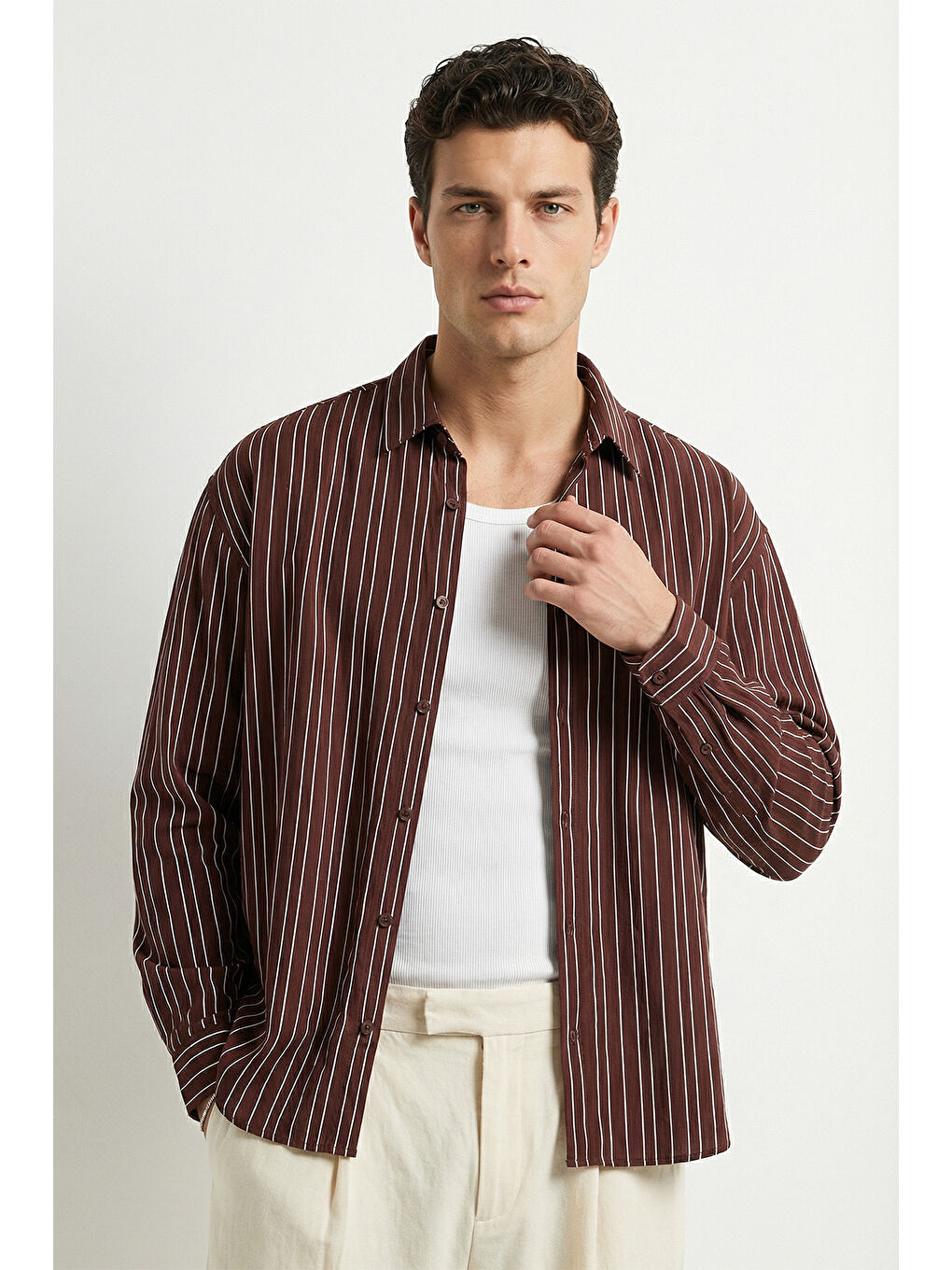 Kahverengi Tugur Erkek Çizgili Oversize Premium Gömlek Soft Touch Refined Comfort-2