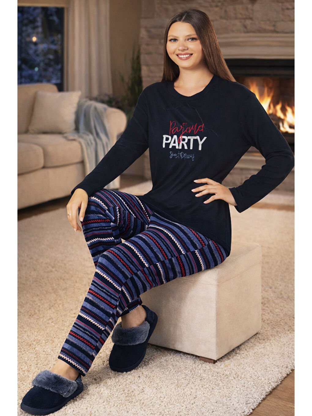 Kadın Termal Uzun Kol Pijama Takımı 4709 Lacivert-1