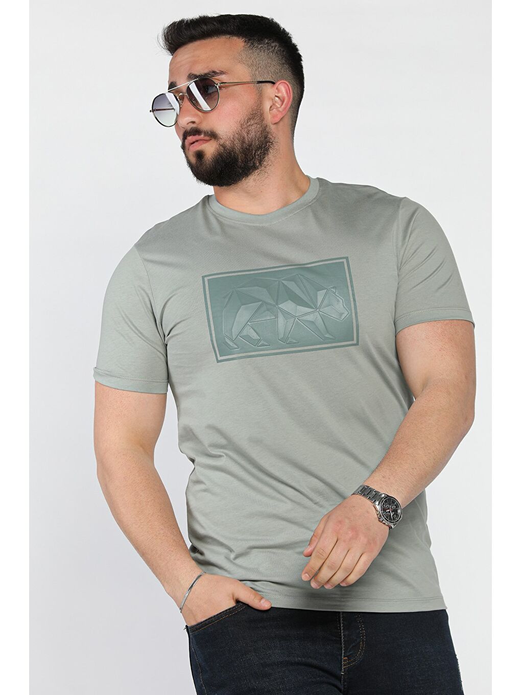 Yeşil Erkek Bisiklet Yaka Baskılı Tişört-1