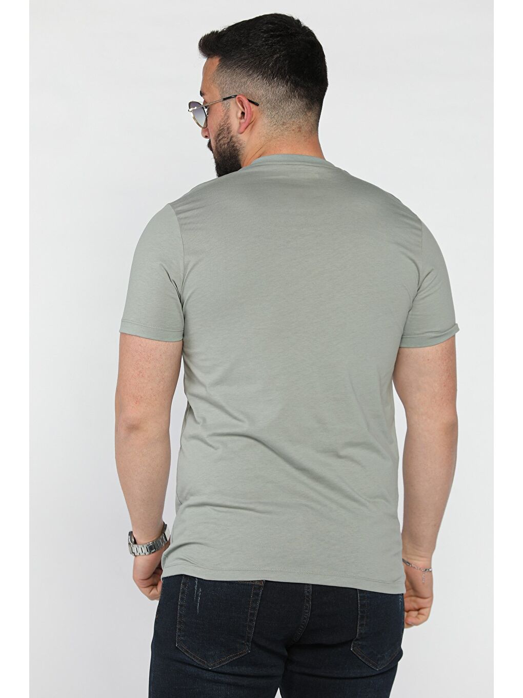 Yeşil Erkek Bisiklet Yaka Baskılı Tişört-2