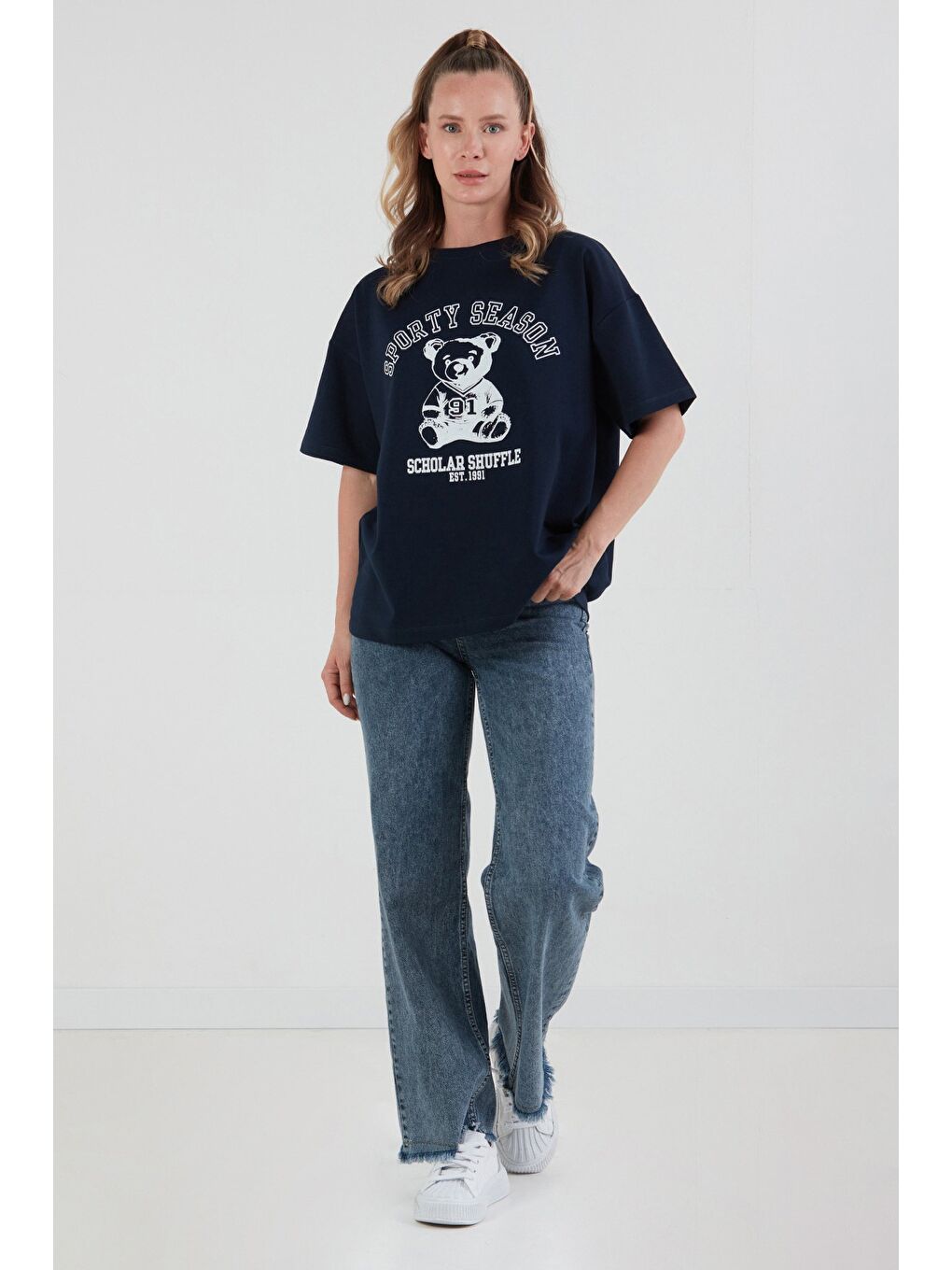 Lacivert Ayıcık Baskılı Oversize Tişört-1