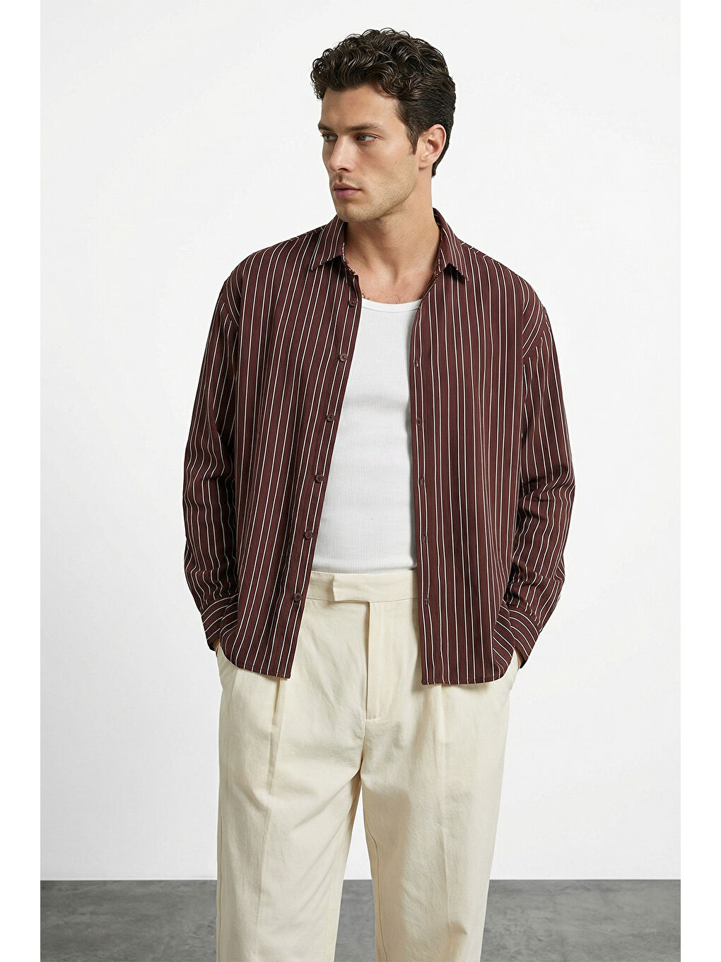 Kahverengi Tugur Erkek Çizgili Oversize Premium Gömlek Soft Touch Refined Comfort-3