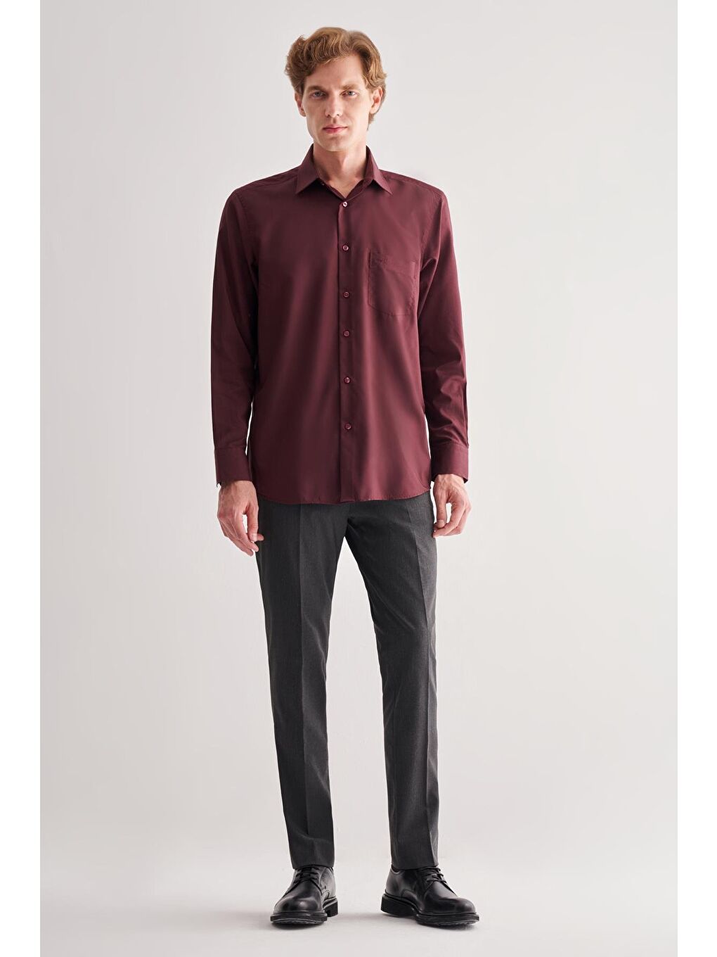 Bordo Sert Yaka Uzun Kol Easy To Iron Comfort Fit Pamuklu Gömlek 1004255182-1