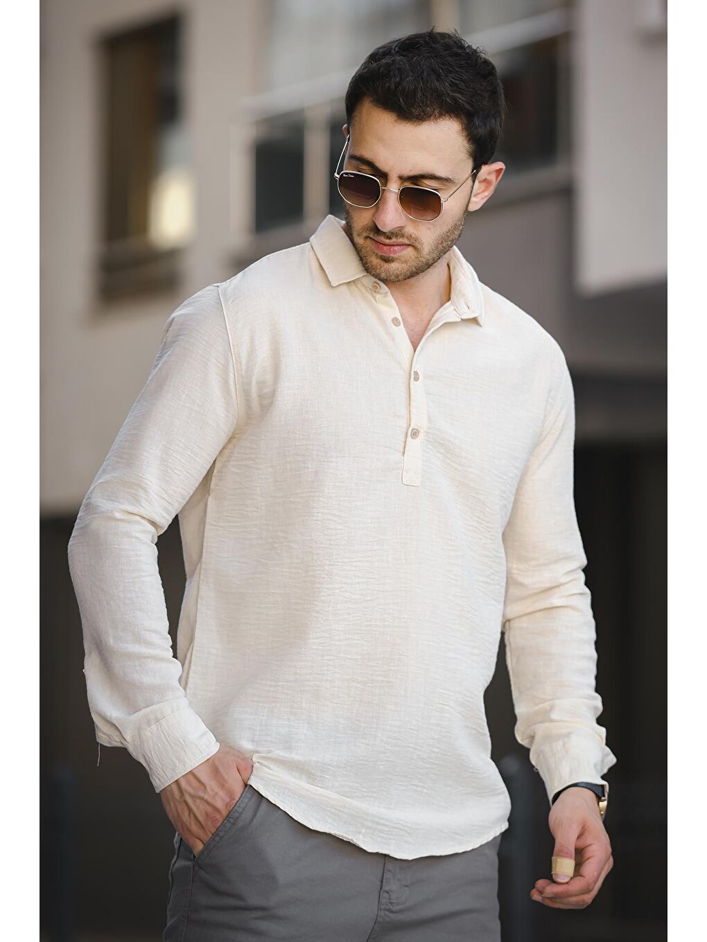 Beyaz Zanio Slim Fit Yarım Pat Gömlek Yaka Erkek Gömlek-4