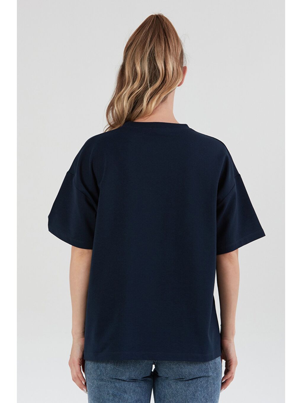 Lacivert Ayıcık Baskılı Oversize Tişört-3